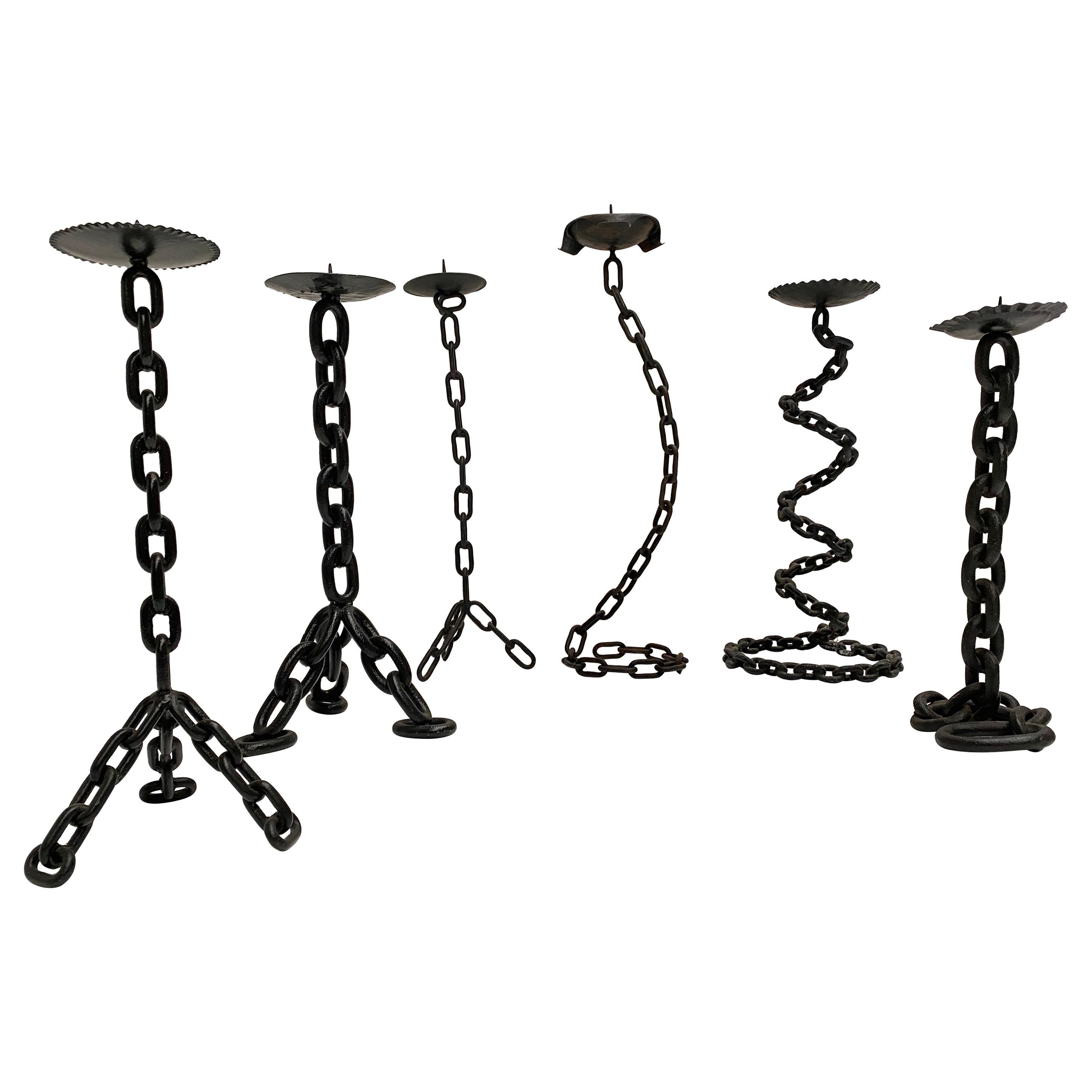 Brutalist Collection of Welded Iron Chain Candeholders 1970s, The Netherlands