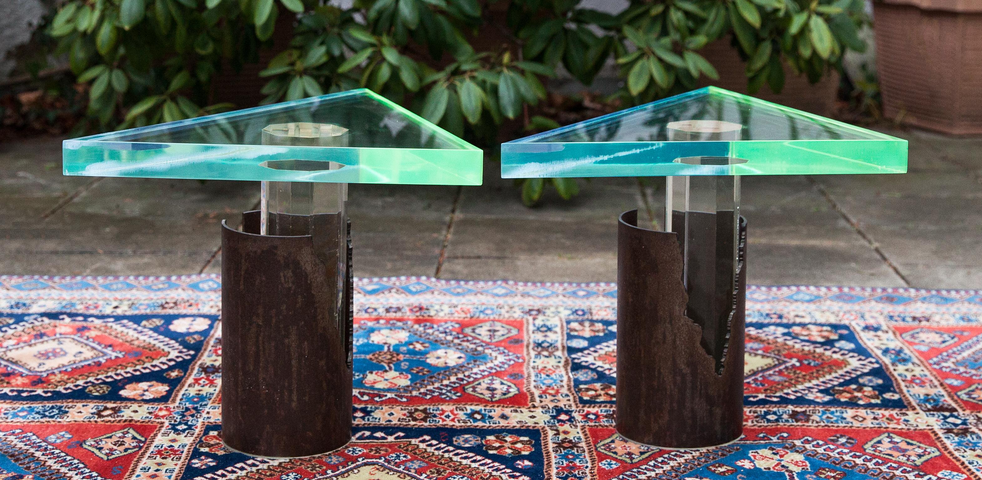 Brutalist Colored Acrylic Bronze Side Table, France, 1980 For Sale 2