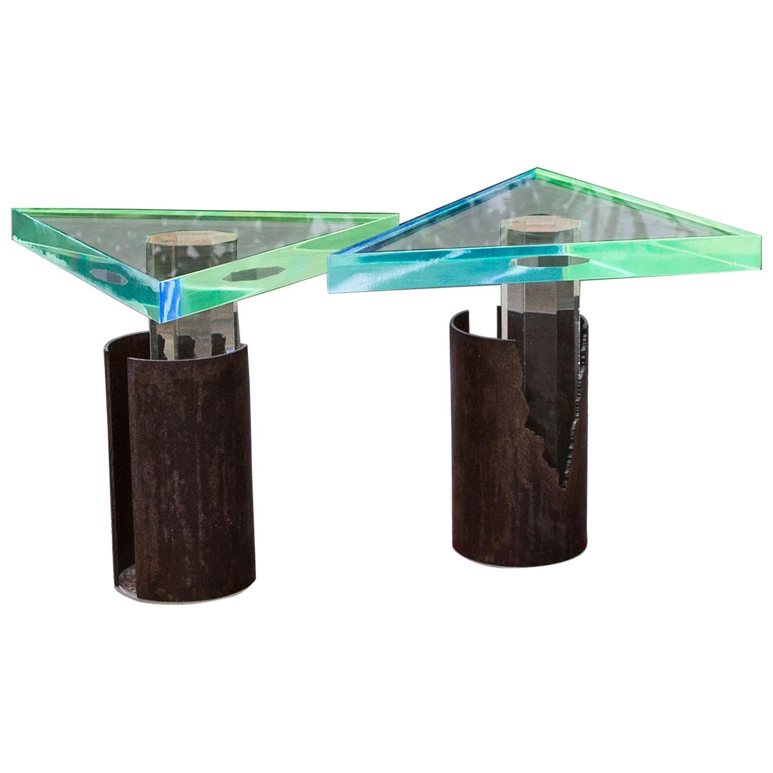 Brutalist Colored Acrylic Bronze Side Table, France, 1980 For Sale