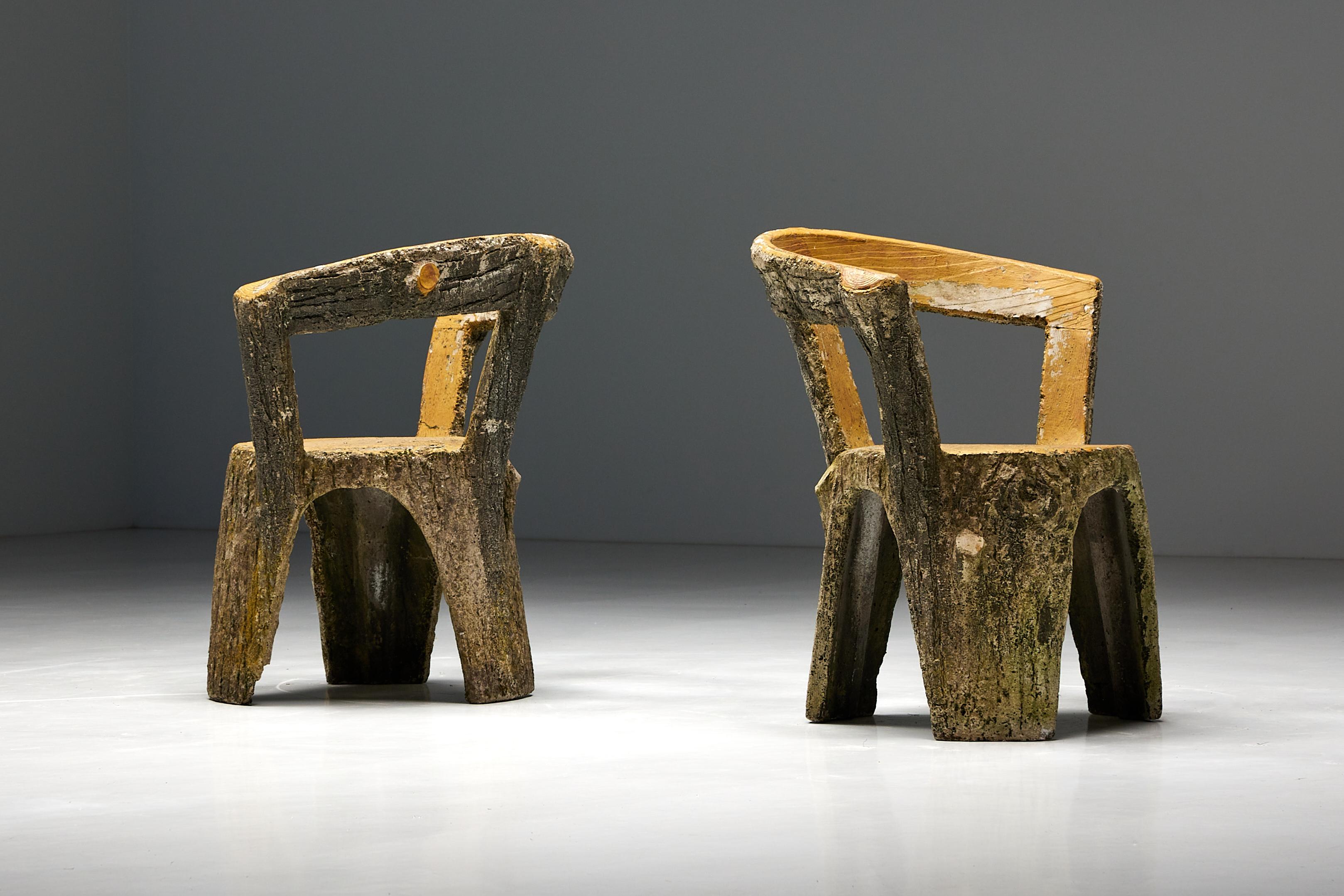 Concrete Armchair; Brutalist; Outdoor Seating; Stump Chair; Wood Concrete Look; Faux Bois; Dining Chairs; 1970s; France.

Concrete chairs from 1970s France, designed with a remarkable twist - a stunning concrete finish that artfully captures the