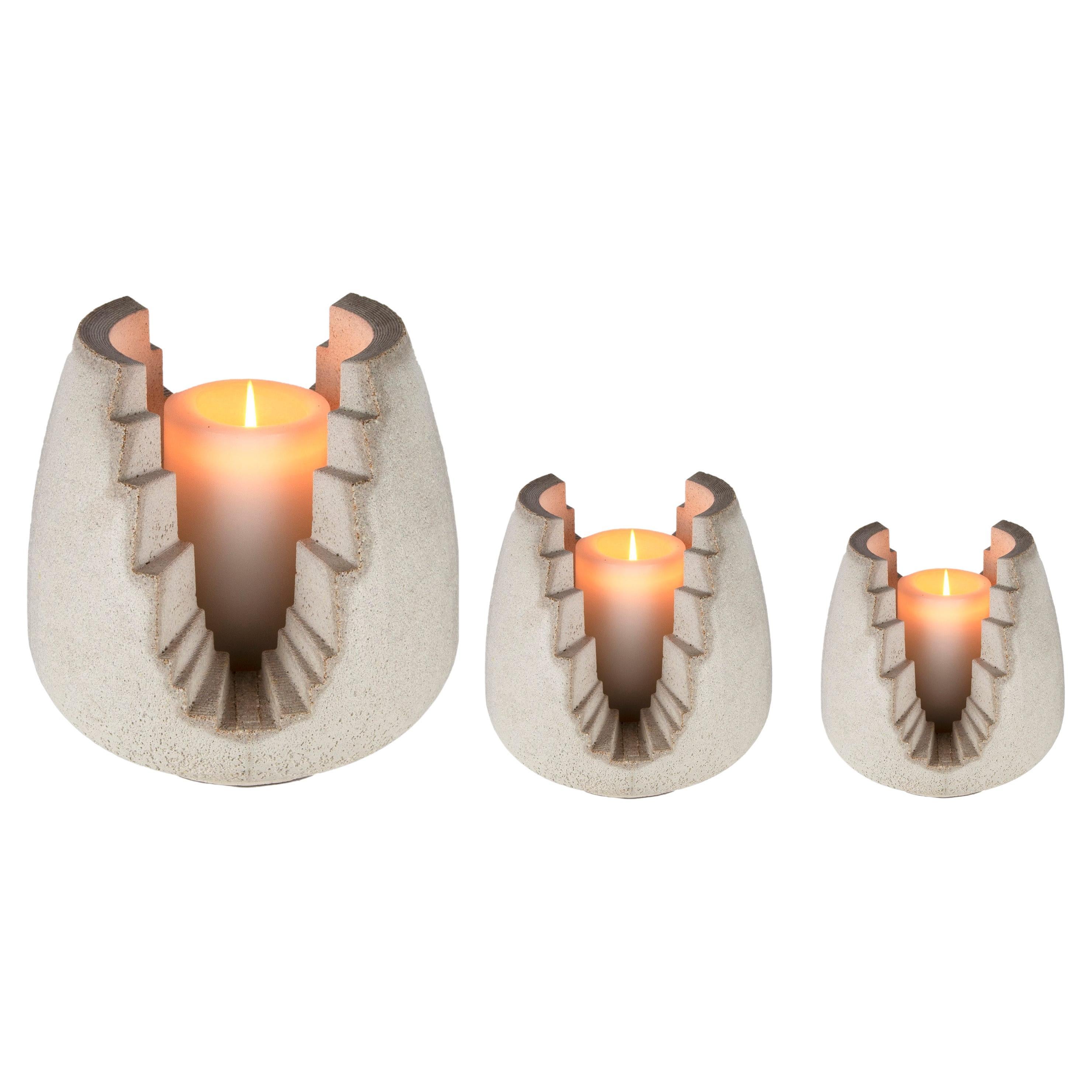 Brutalist Concrete Candle Lanterns, Set of 3, White For Sale