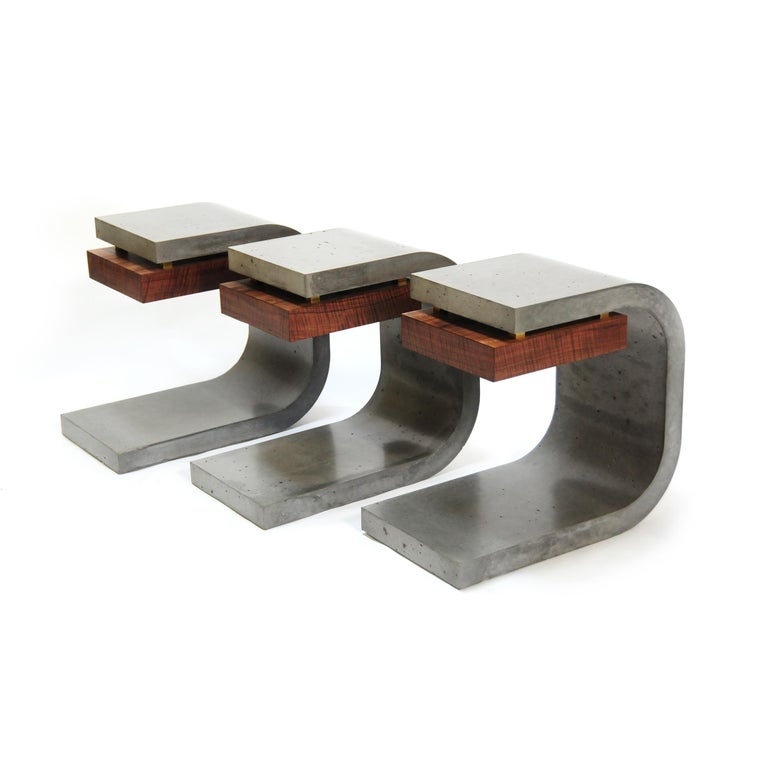 Brutalist Concrete Side Table with Figured Walnut Drawer with Hidden