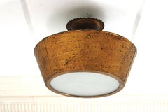 Brutalist Conical Ceiling Light Fixture in Gilt Iron, Hand-Hammered, Spain 1950s