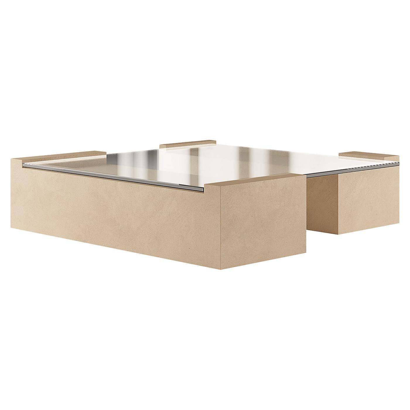 Brutalist Contemporary Center Table in Micro-Cement Sand Color, Tempered Glass