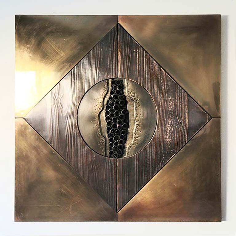 Large modernist abstract Brutalist mixed metal copper and brass wall sculpture attributed to Paul Vanders in the style of C. Jeré.