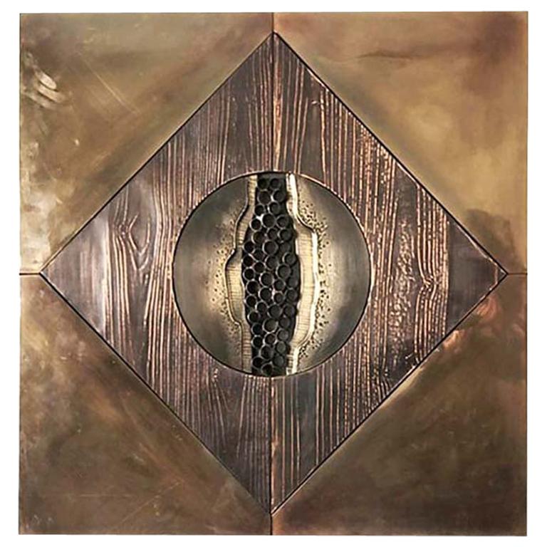 Brutalist Copper and Brass Metal Wall Sculpture Attributed to Paul Vanders