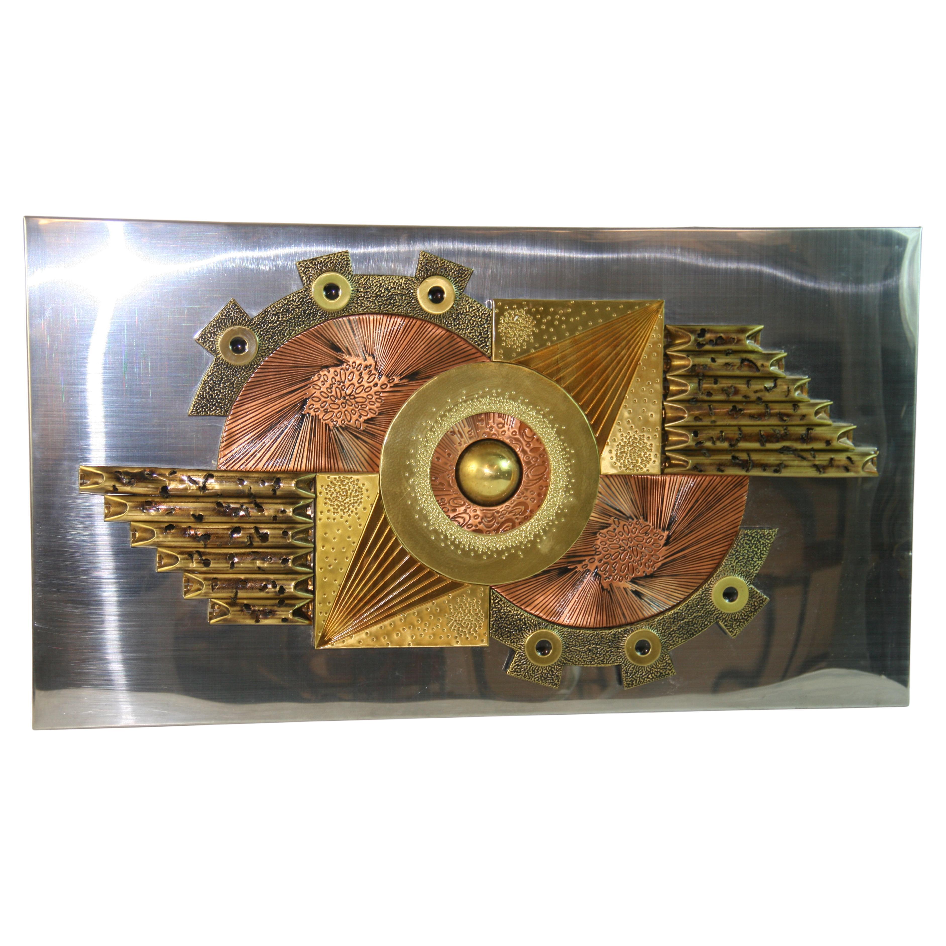 1824 Brutalist brass and copper geometric wall sculpture on a nickel backround