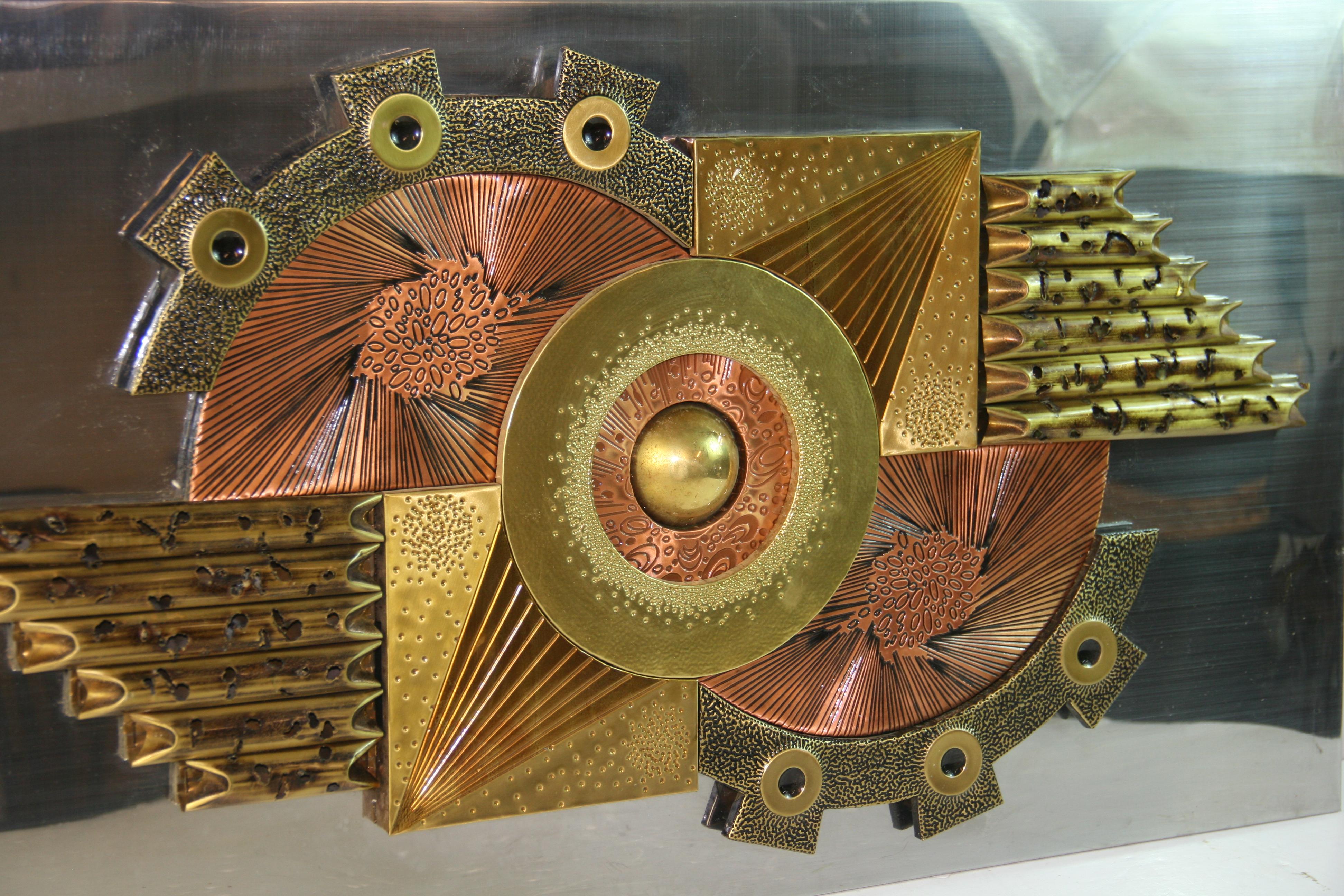 Brutalist Copper and Brass Wall Sculpture For Sale 5