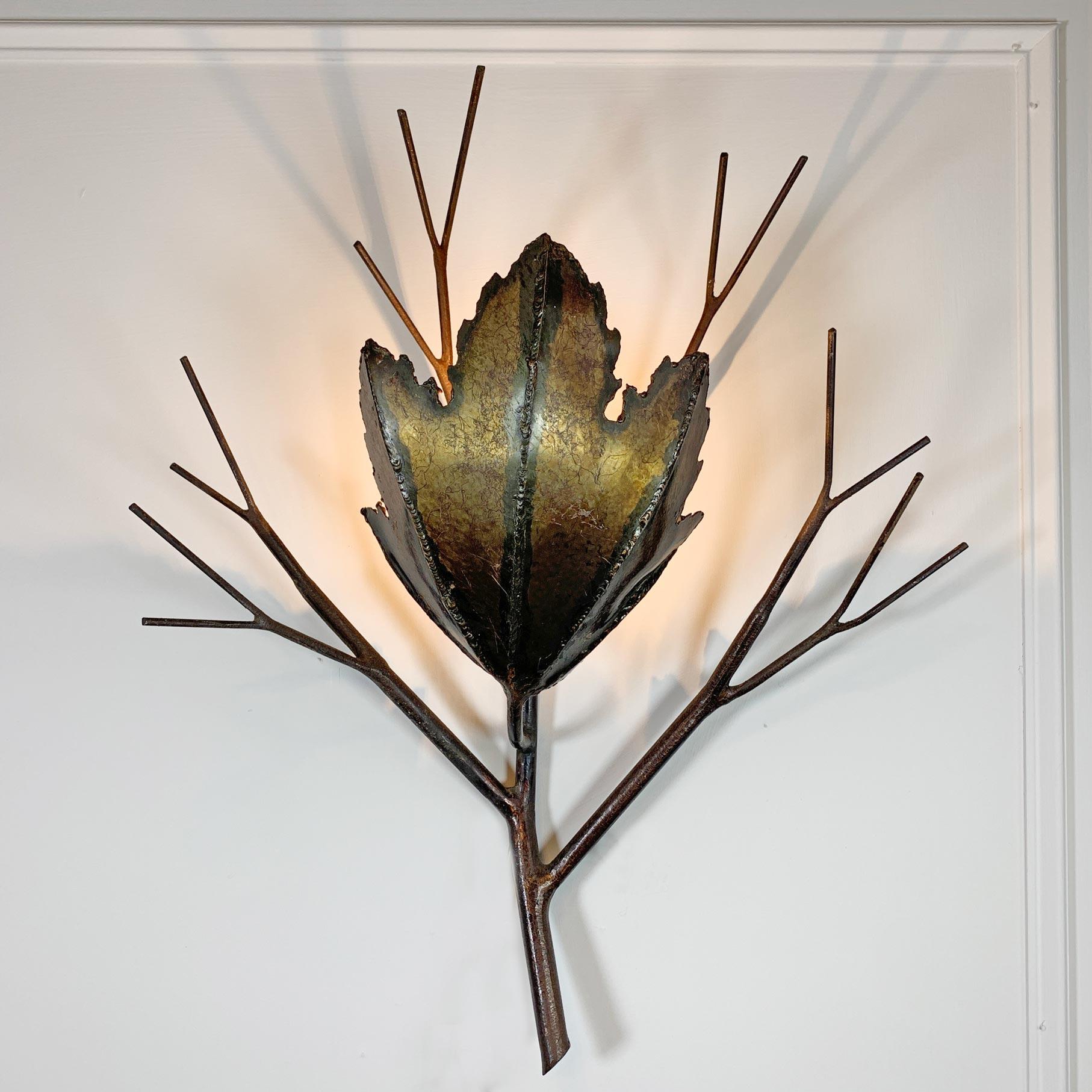Hand-Crafted Brutalist Copper Leaf and Branch Wall Sconce For Sale