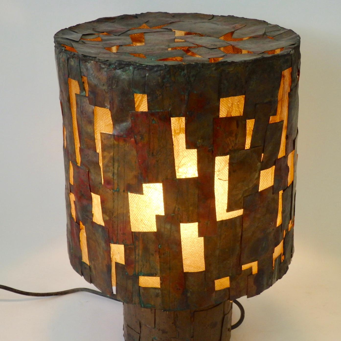 Brutalist Copper Patch Work Table Lamp Attributed as Early Paul Evans In Good Condition For Sale In Ferndale, MI