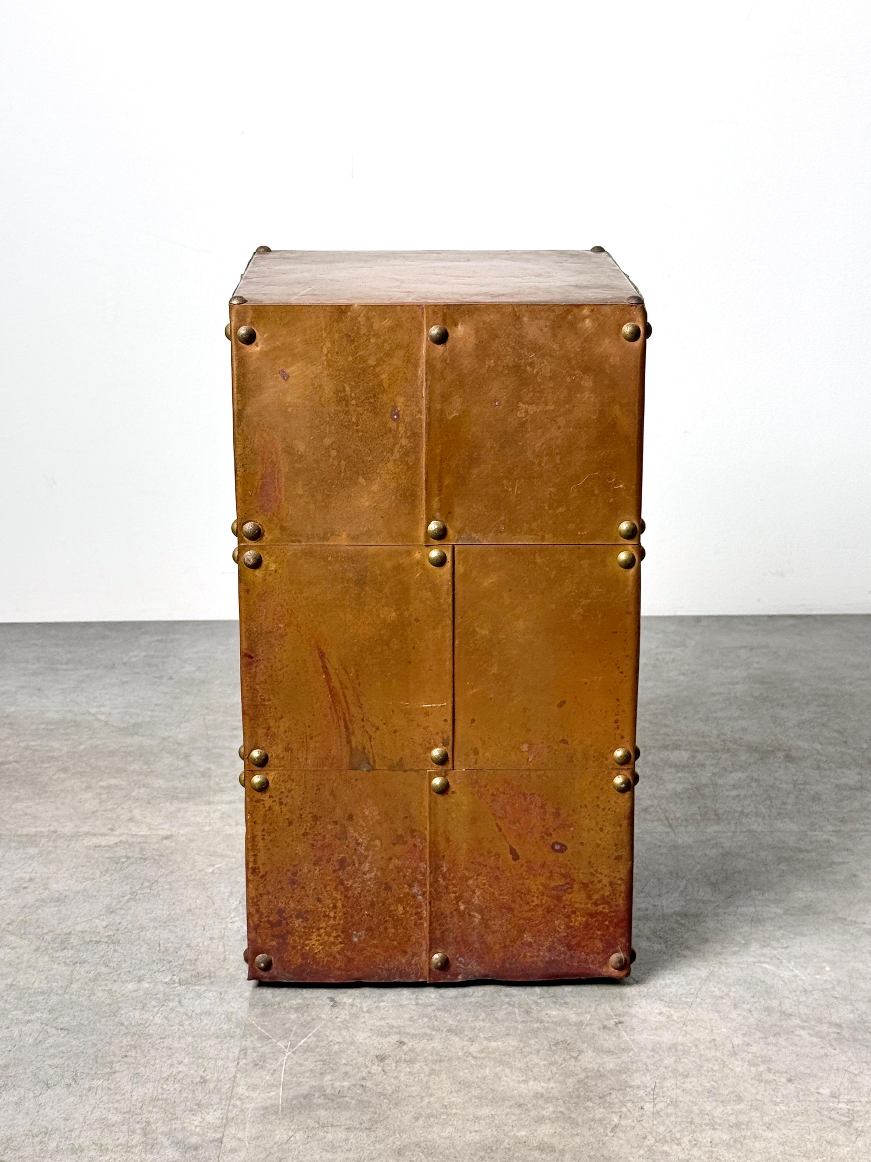 Mid-Century Modern Brutalist Copper Patchwork Pedestal Side Table in the Style of Paul Evans 1970s