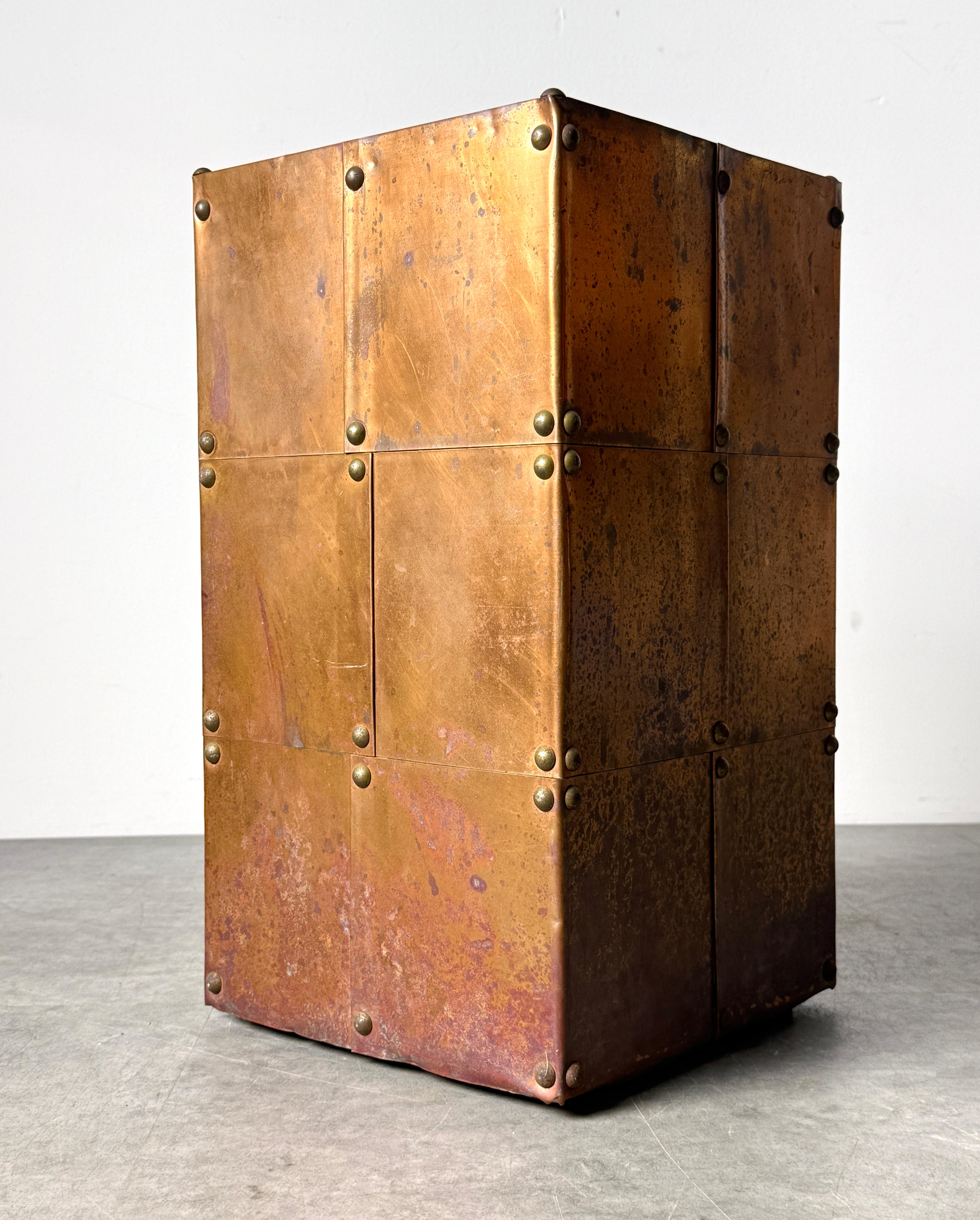 Brass Brutalist Copper Patchwork Pedestal Side Table in the Style of Paul Evans 1970s