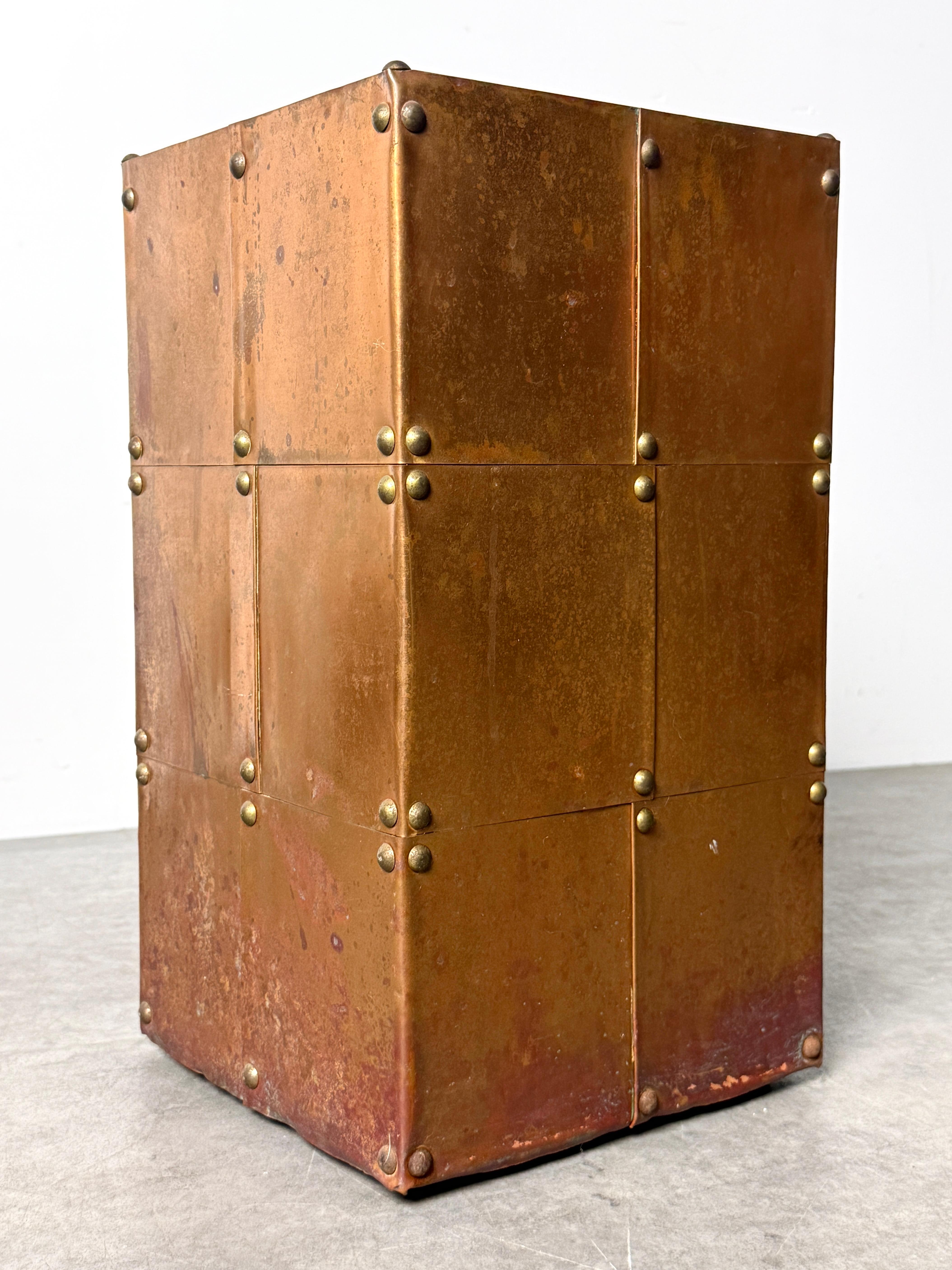 Brutalist Copper Patchwork Pedestal Side Table in the Style of Paul Evans 1970s 2