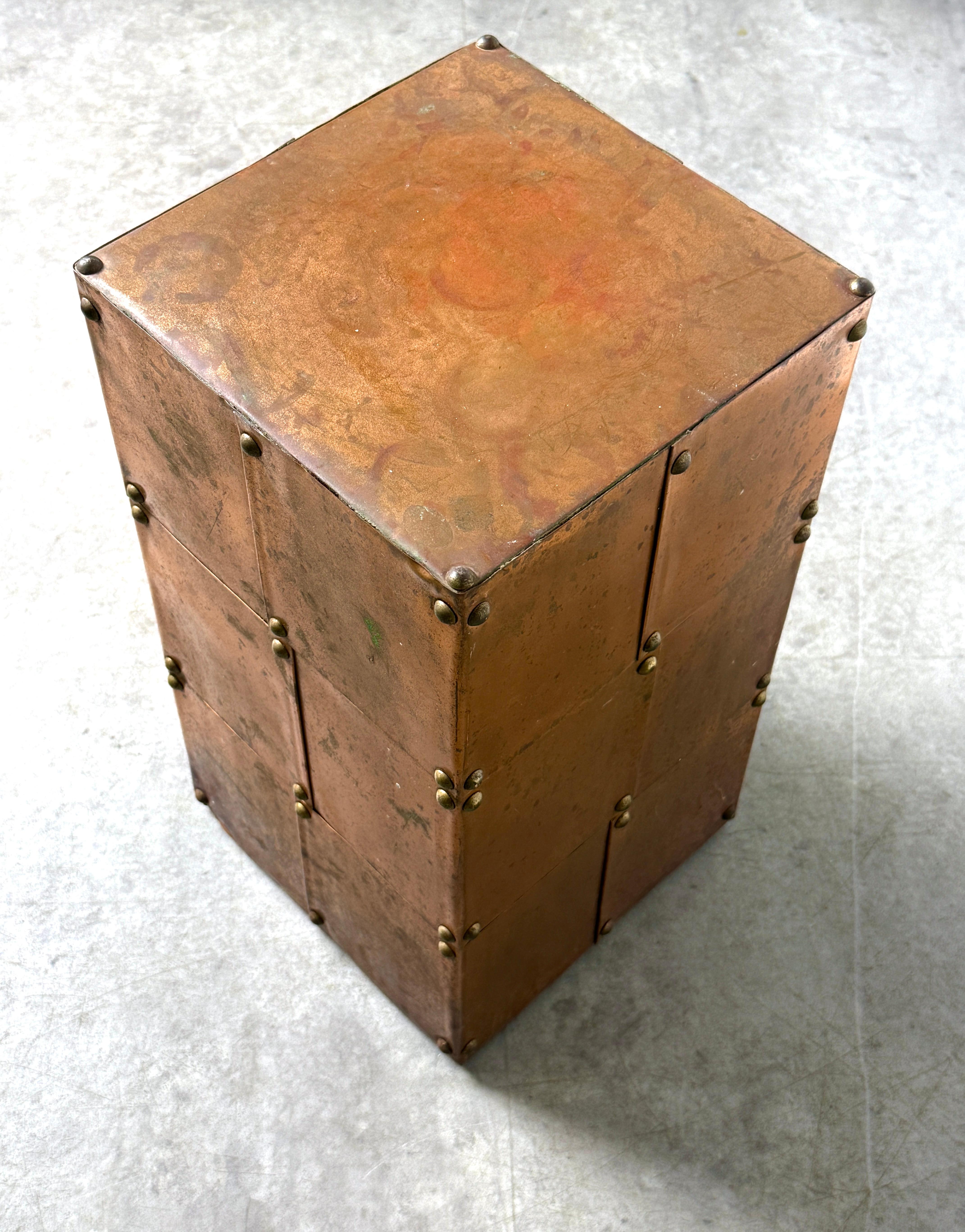Brutalist Copper Patchwork Pedestal Side Table in the Style of Paul Evans 1970s 1