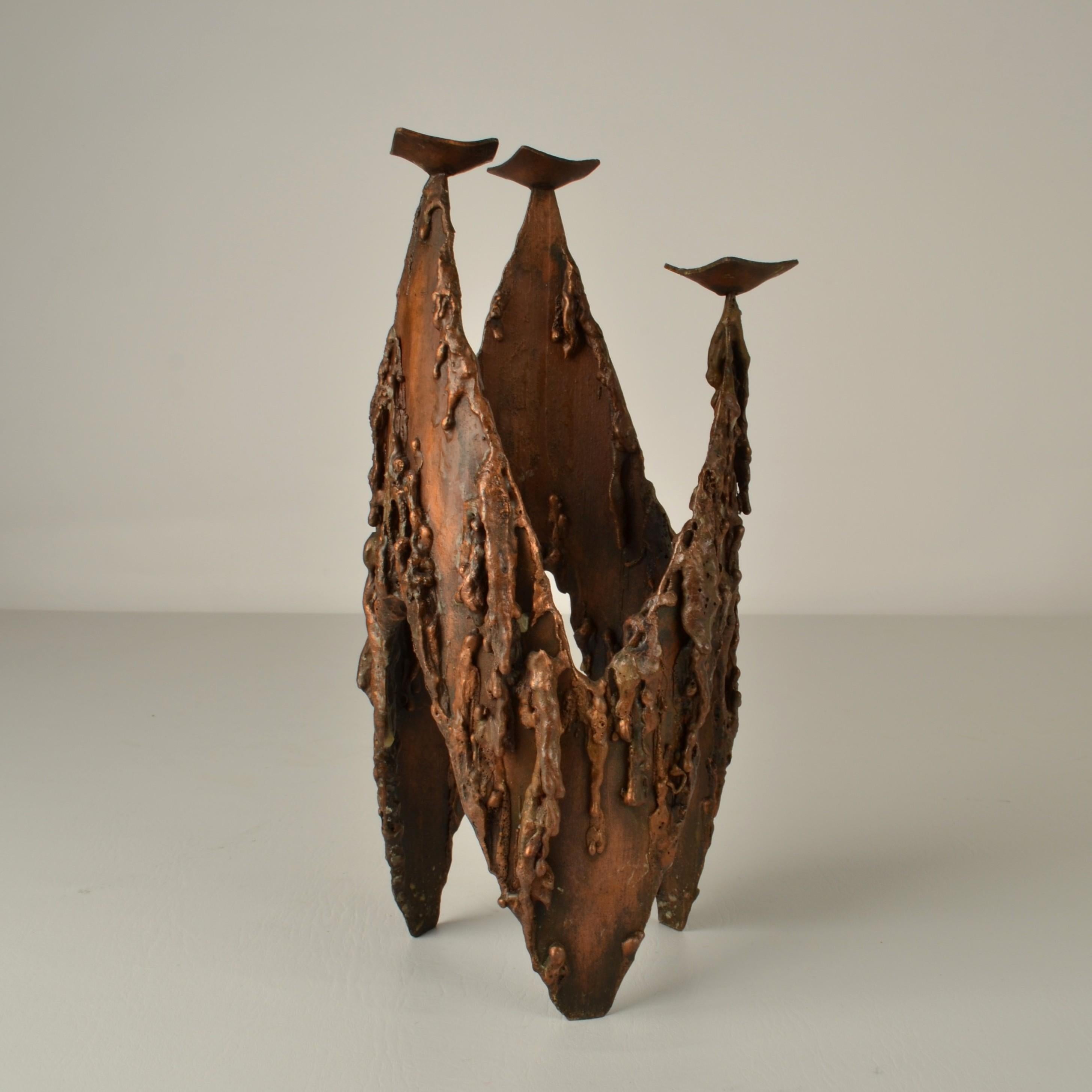 Mid-Century Modern Brutalist Copper Three-Arm Candelabra For Sale