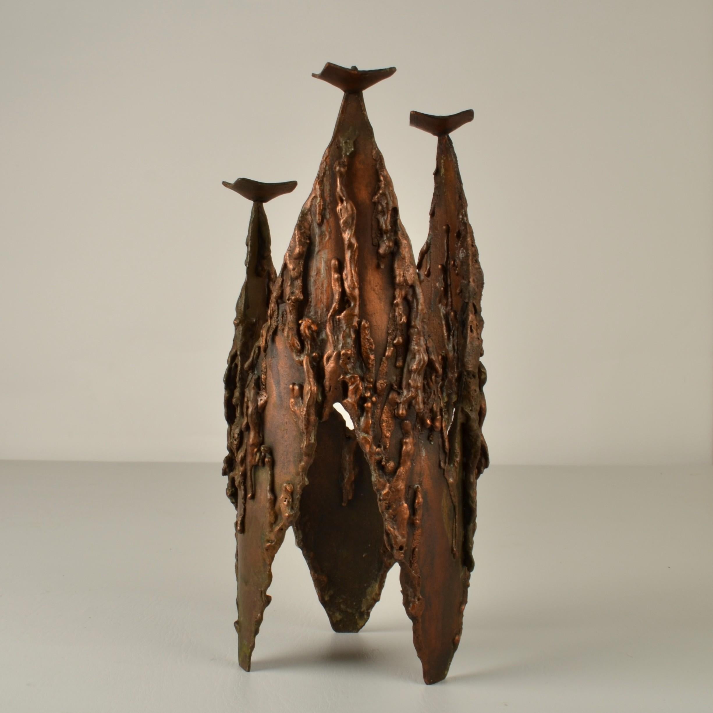German Brutalist Copper Three-Arm Candelabra For Sale