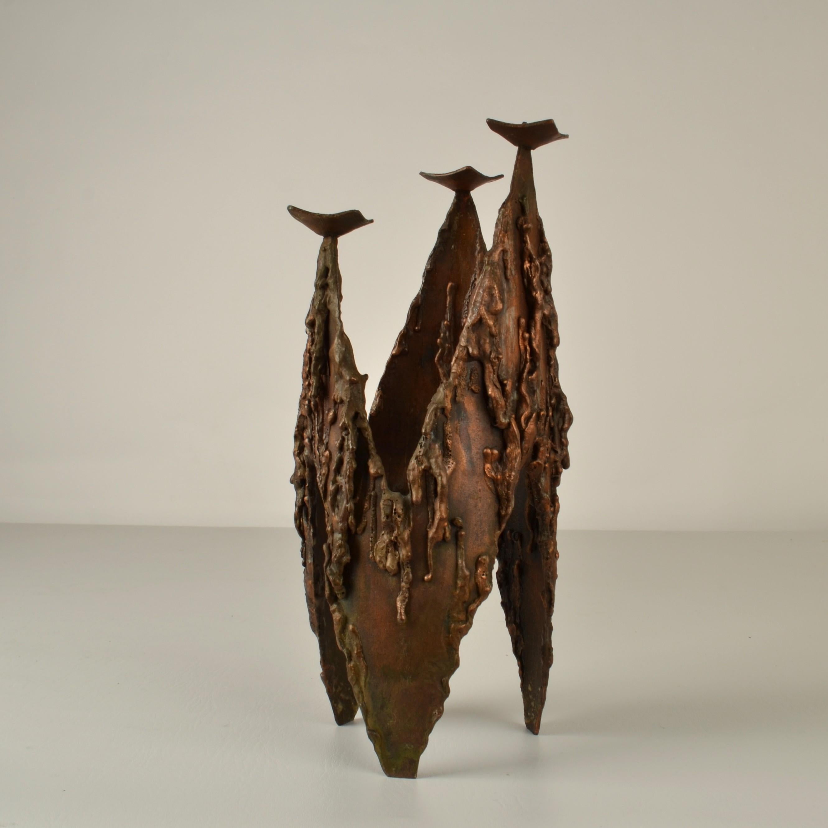 Brutalist Copper Three-Arm Candelabra In Excellent Condition For Sale In London, GB