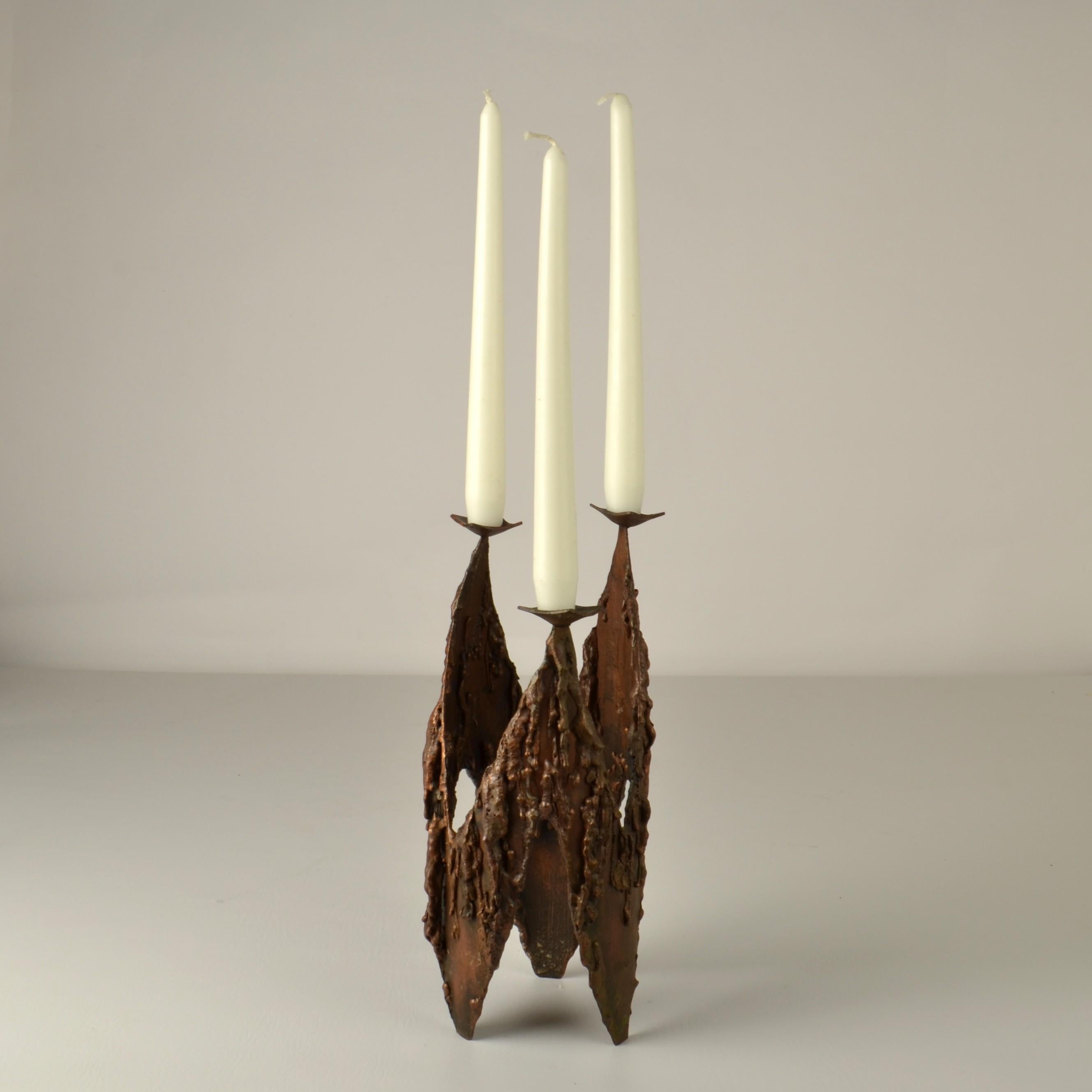 Late 20th Century Brutalist Copper Three-Arm Candelabra For Sale