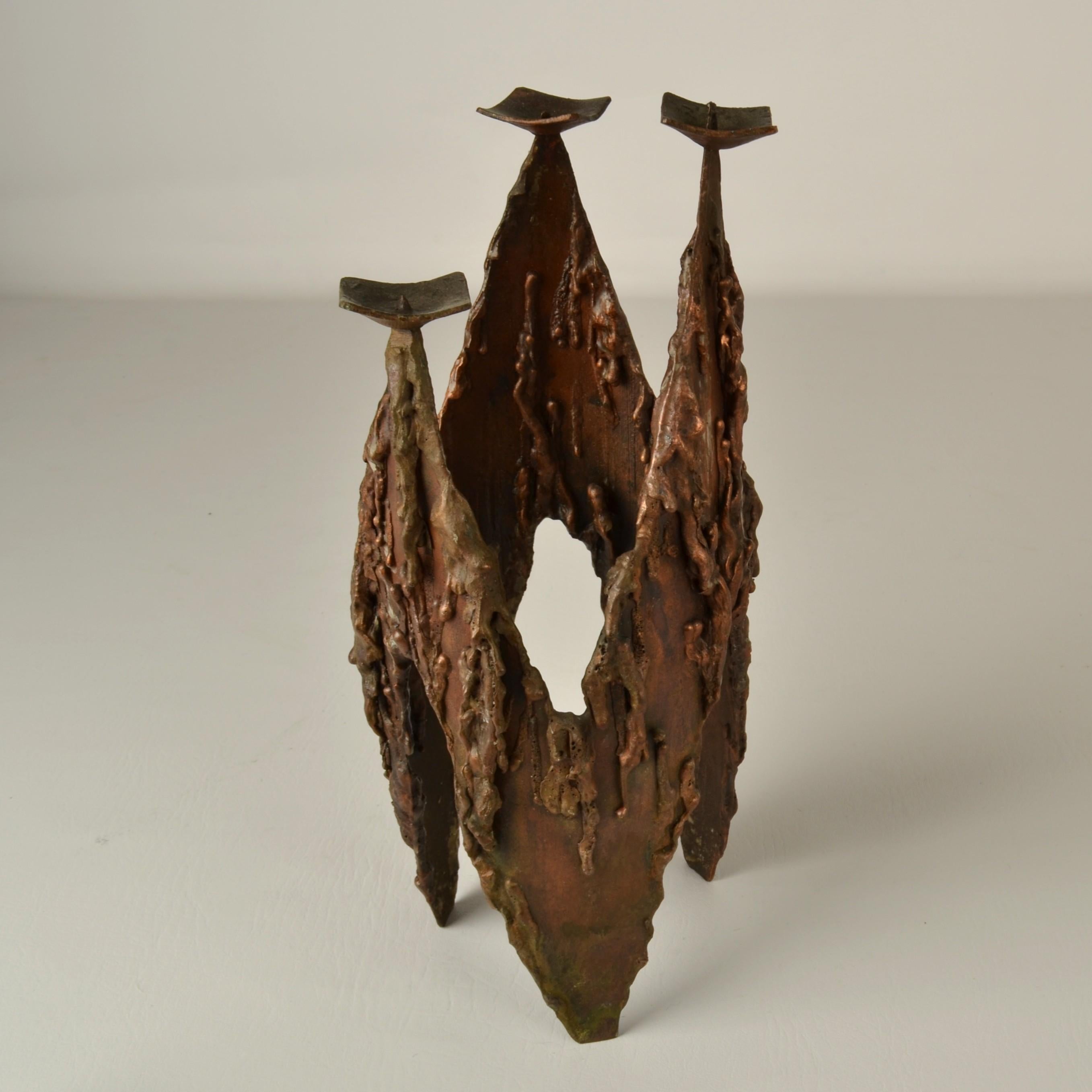 Brutalist Copper Three-Arm Candelabra For Sale 1