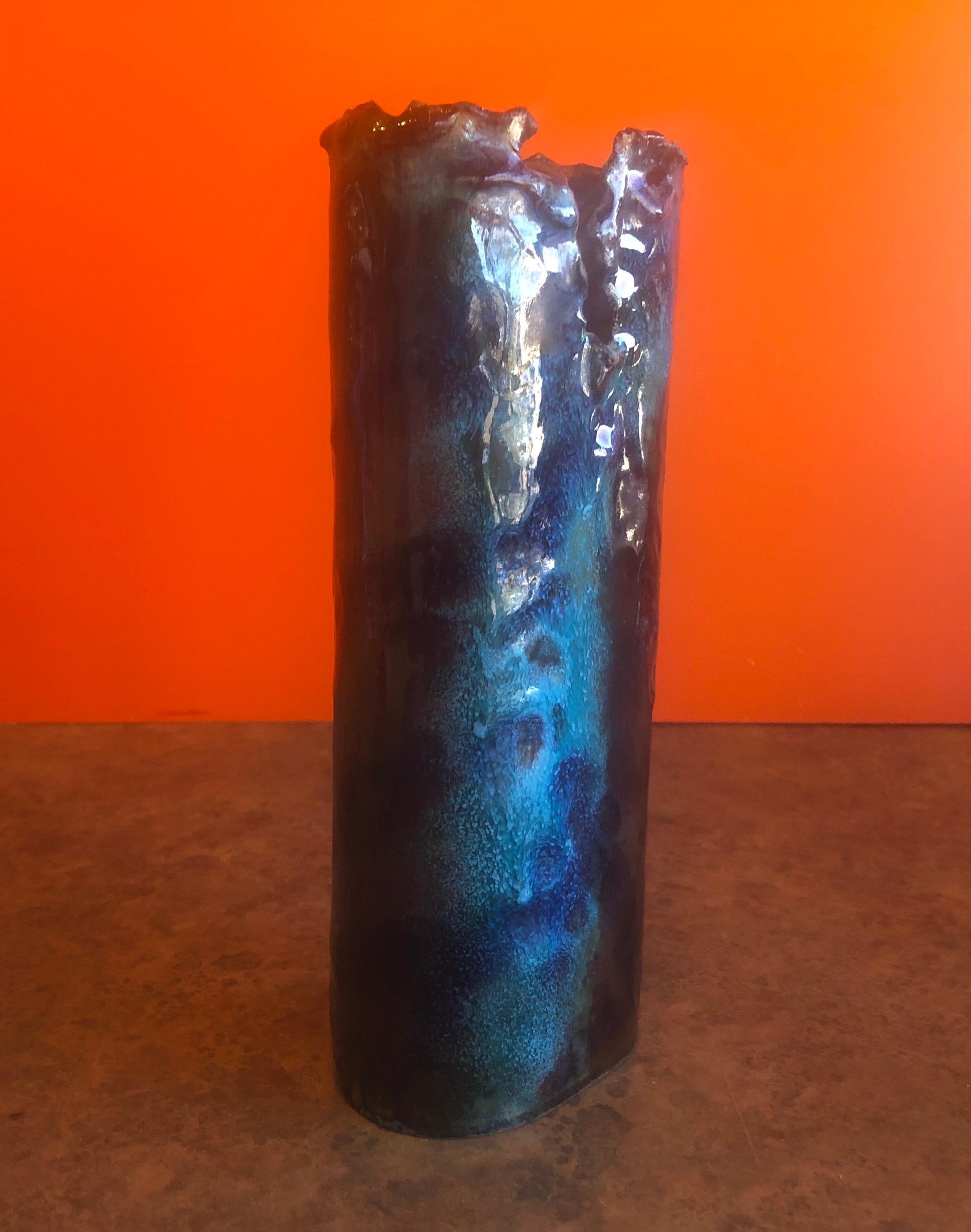 American Brutalist Copper Vase with Blue & Brown Enamel Overlays by Rita Brierton For Sale