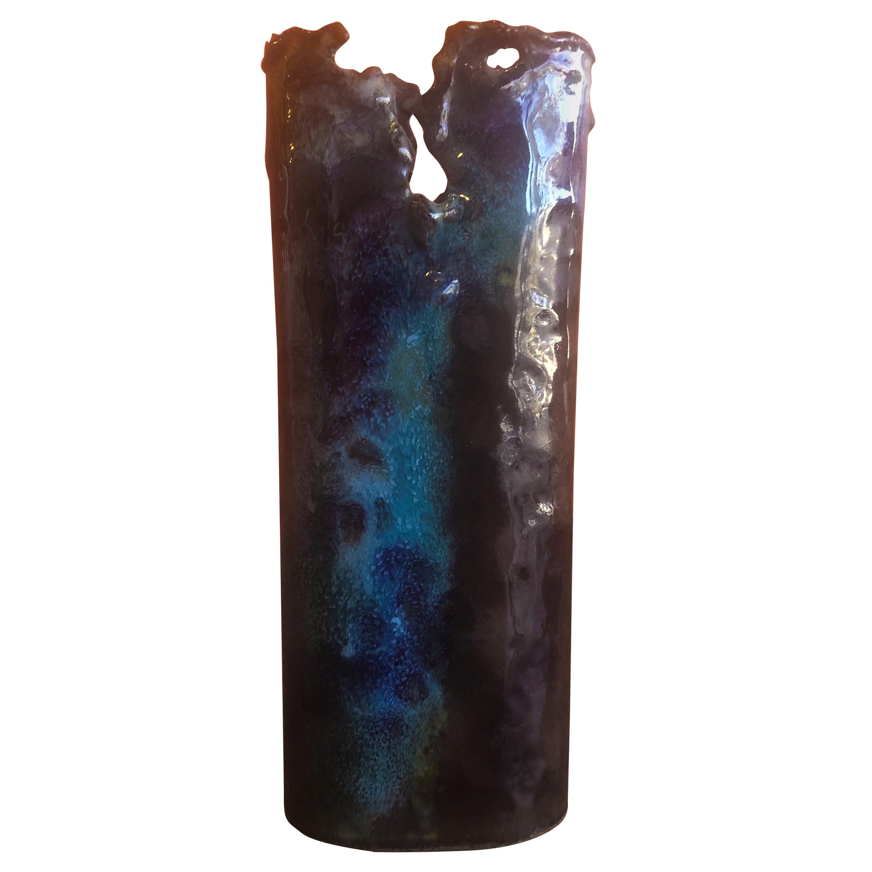 Brutalist Copper Vase with Blue & Brown Enamel Overlays by Rita Brierton For Sale