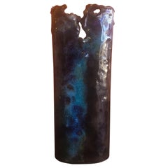 Retro Brutalist Copper Vase with Blue & Brown Enamel Overlays by Rita Brierton