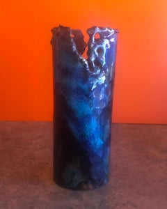 Brutalist Copper Vase with Dark Blue Enamel Overlays by Rita Brierton