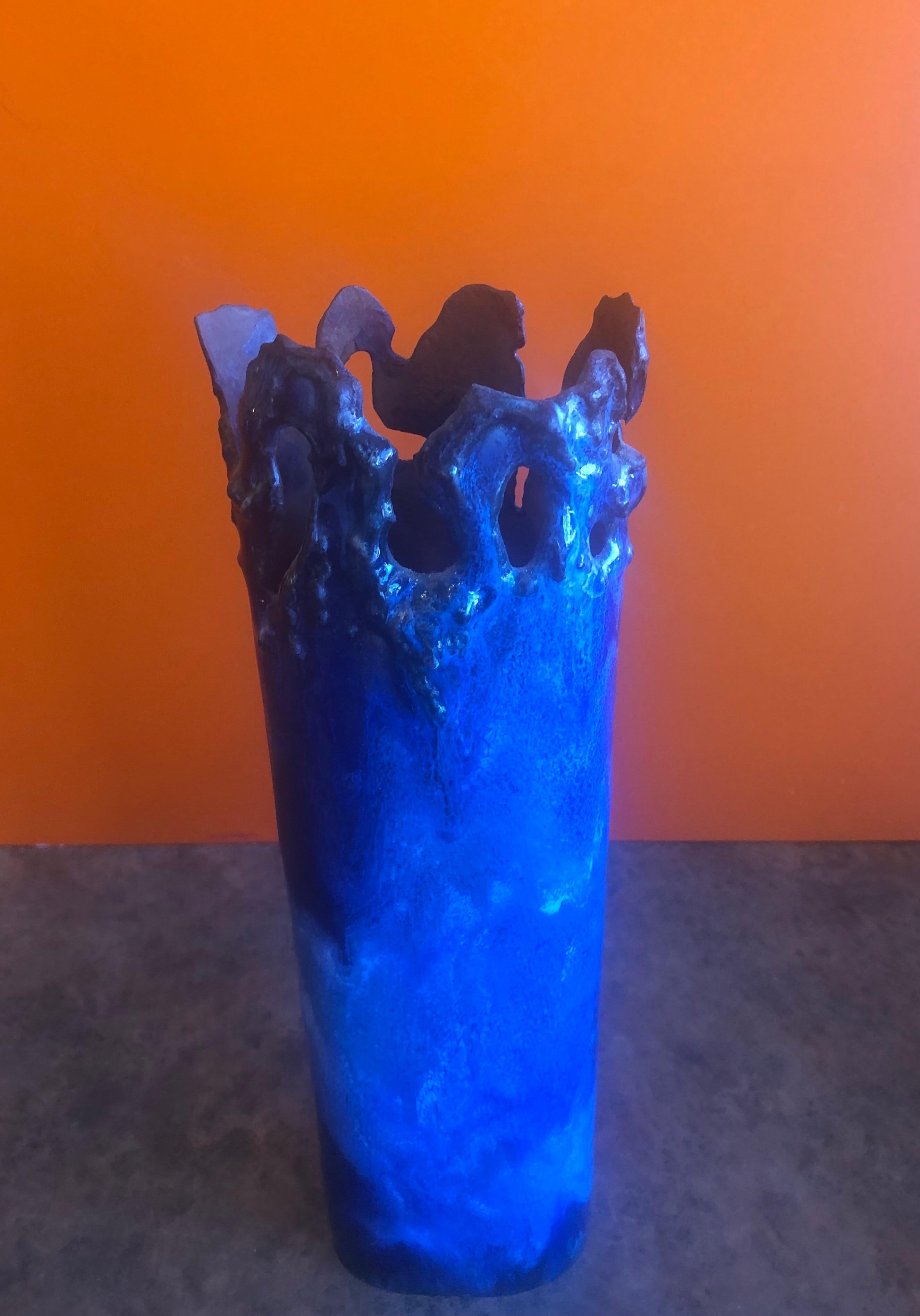American Brutalist Copper Vase with Dark Blue Enamel Overlays by Rita Brierton For Sale