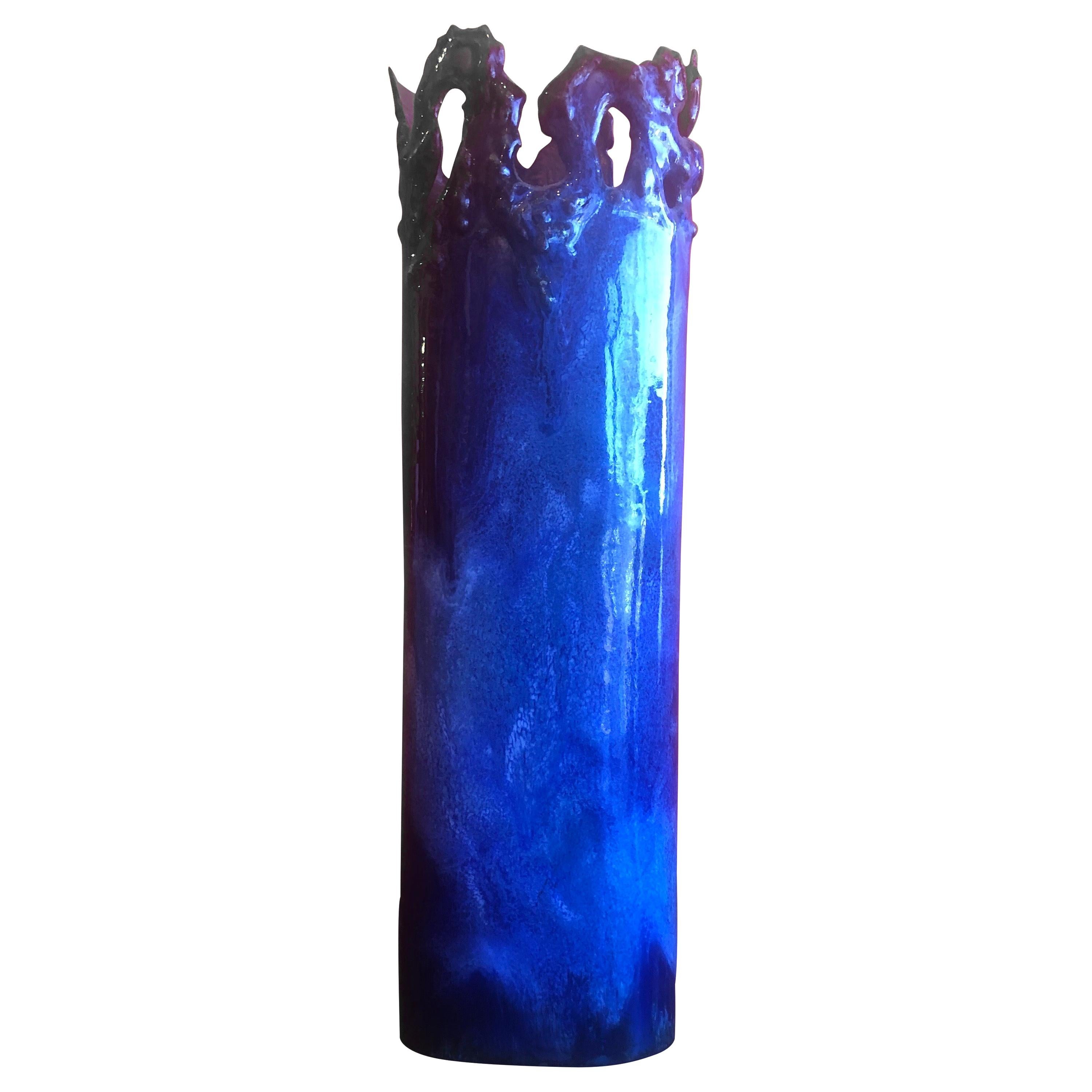Brutalist Copper Vase with Dark Blue Enamel Overlays by Rita Brierton For Sale