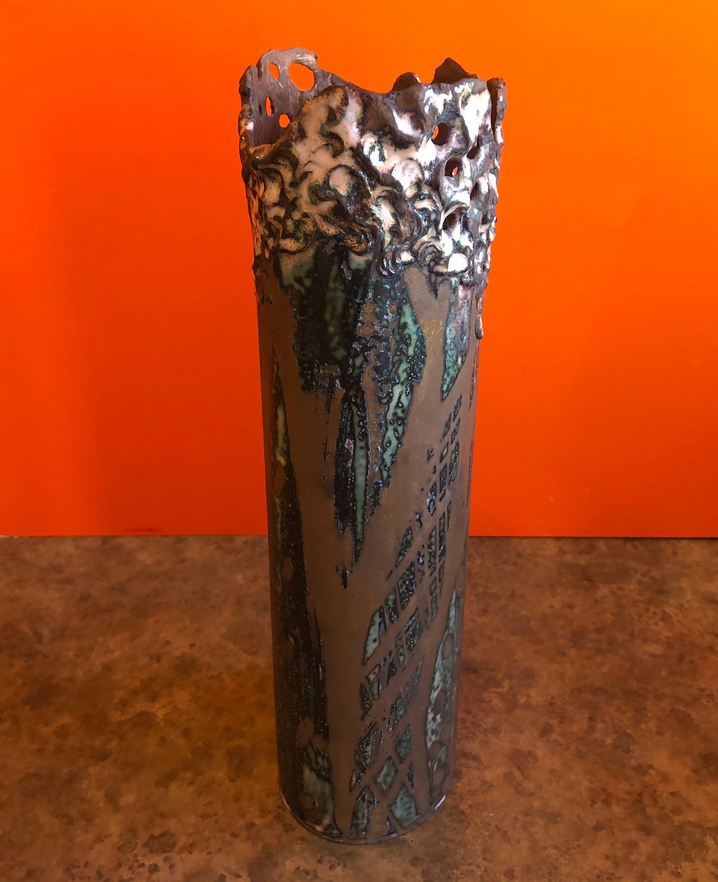 American Brutalist Copper Vase with Enamel Overlay by Rita Brierton For Sale