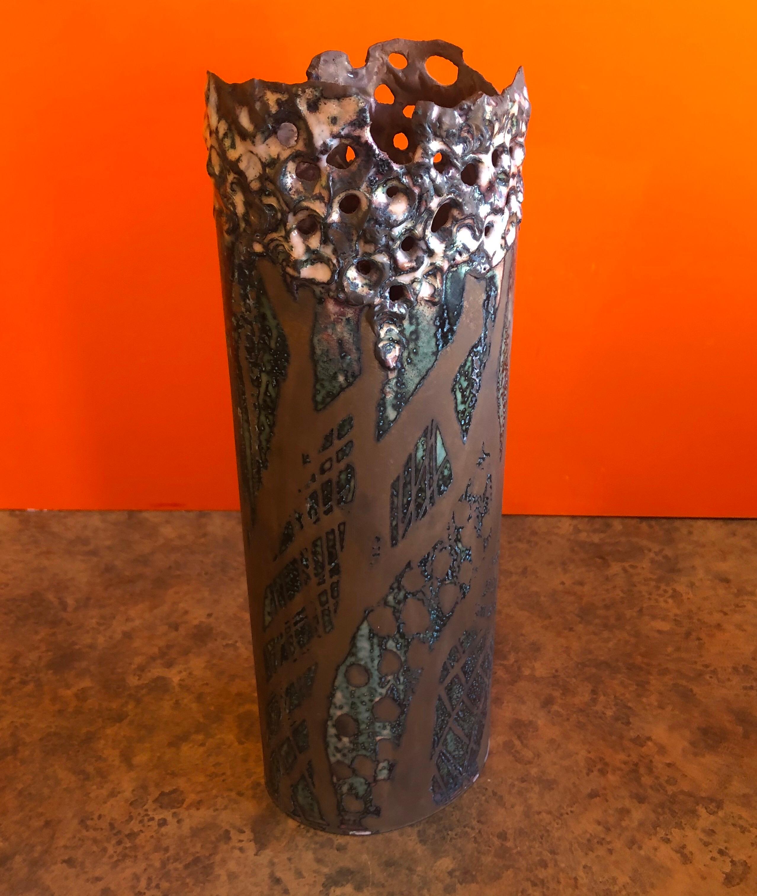 Other Brutalist Copper Vase with Enamel Overlay by Rita Brierton For Sale
