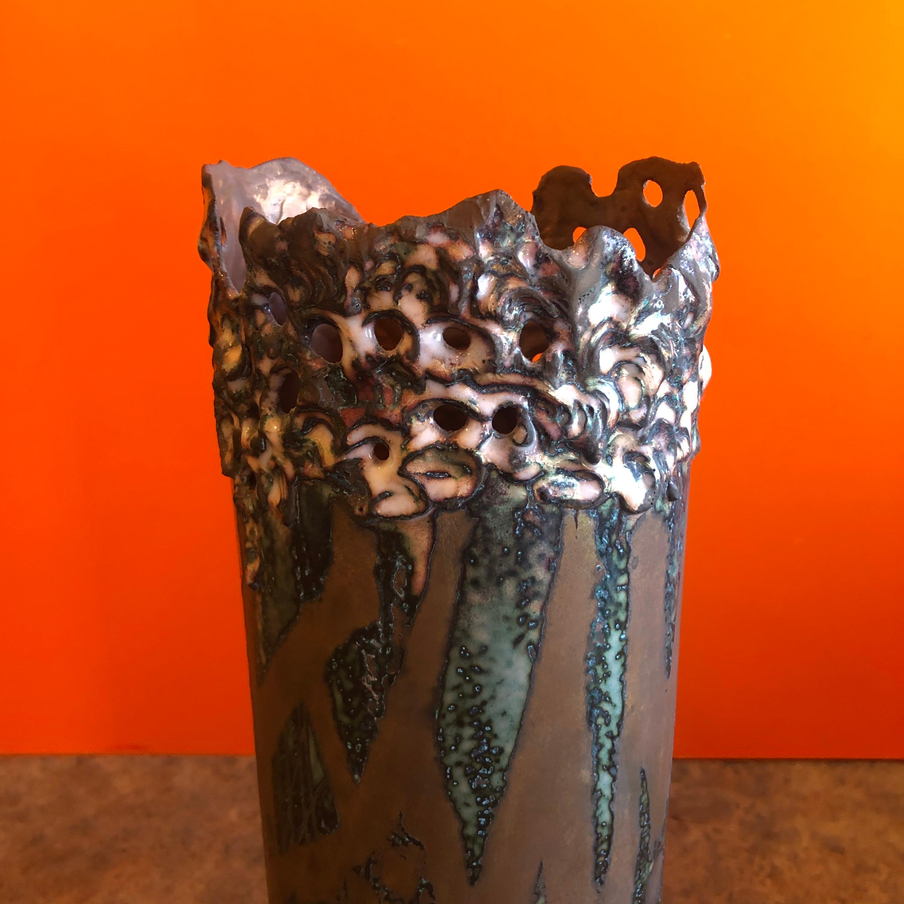 20th Century Brutalist Copper Vase with Enamel Overlay by Rita Brierton For Sale