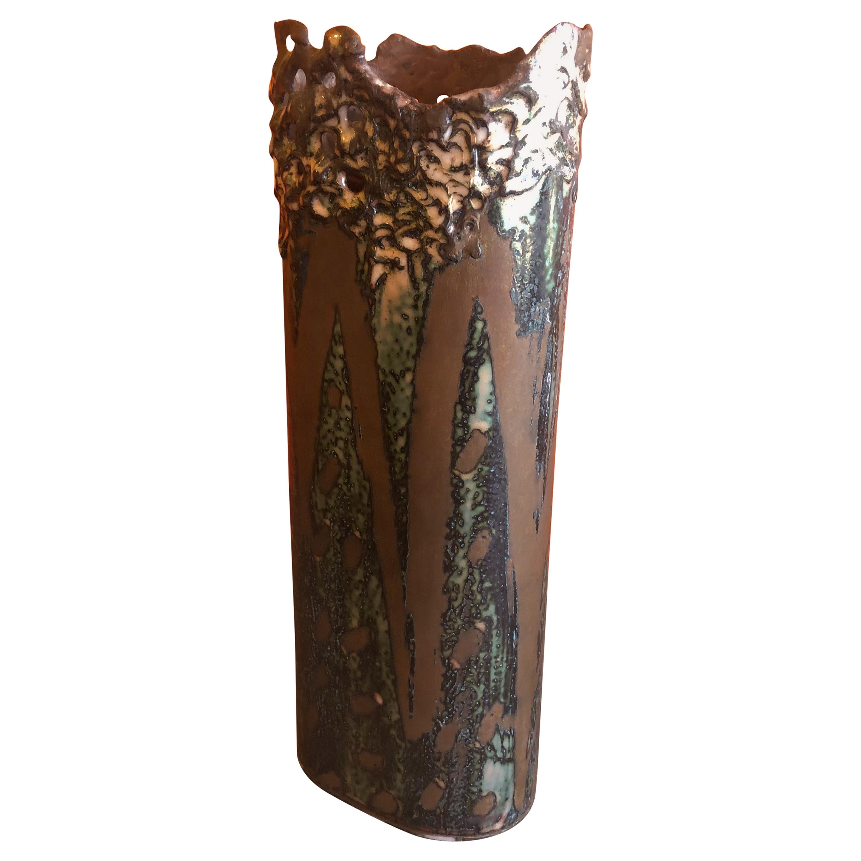 Brutalist Copper Vase with Enamel Overlay by Rita Brierton