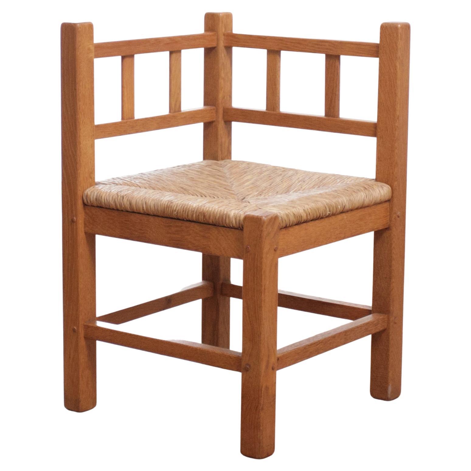 Brutalist Corner Chair Oak Rush, 1970s For Sale
