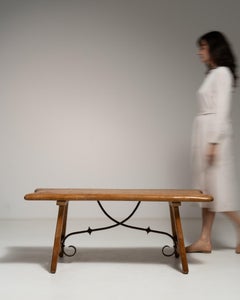 Brutalist Craftsman Oak & Iron Coffee Table, France, 1970-1979