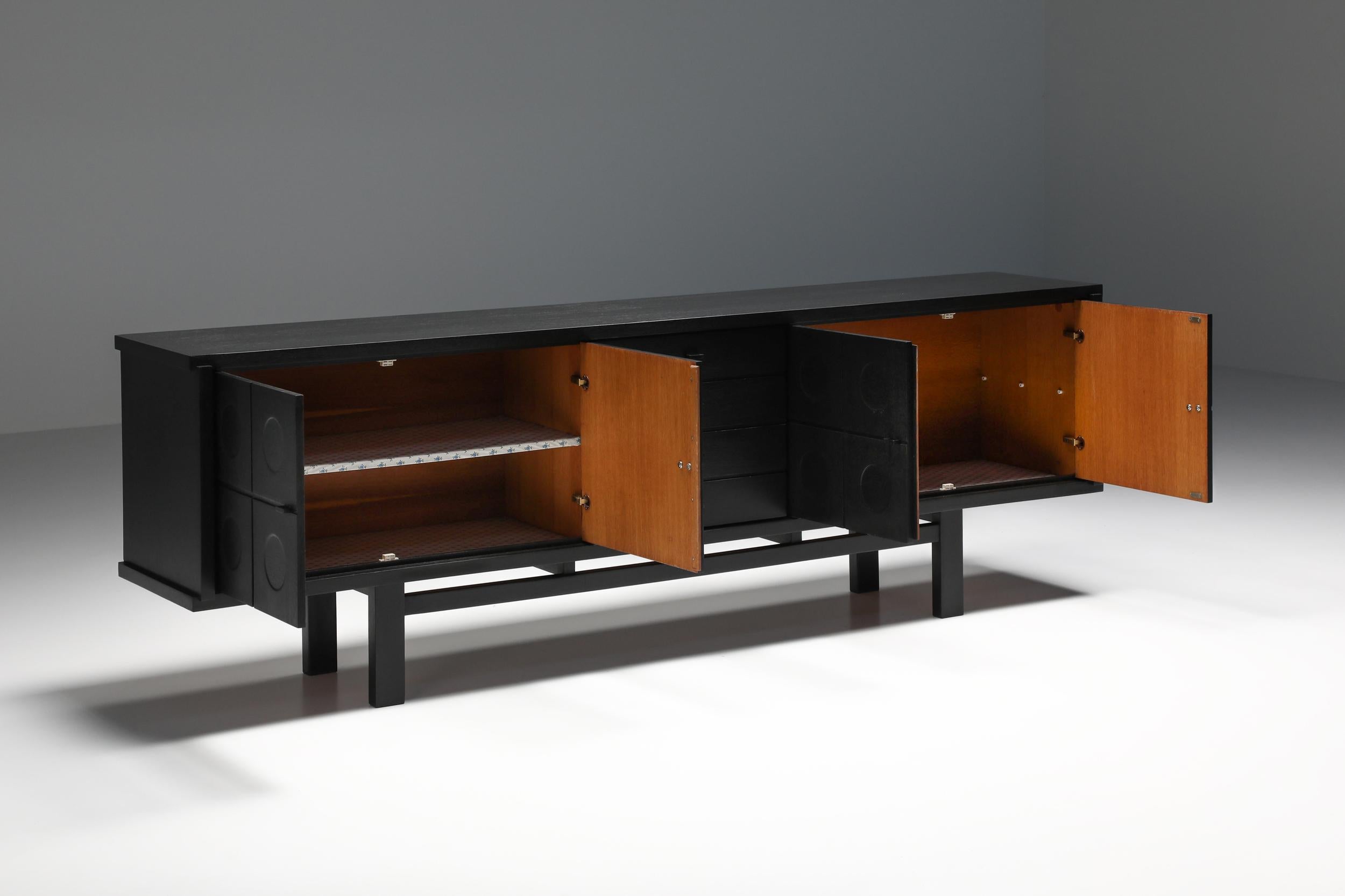 Belgian Brutalist Credenza by De Coene in Stained Oak with Floating Effect, 1970's