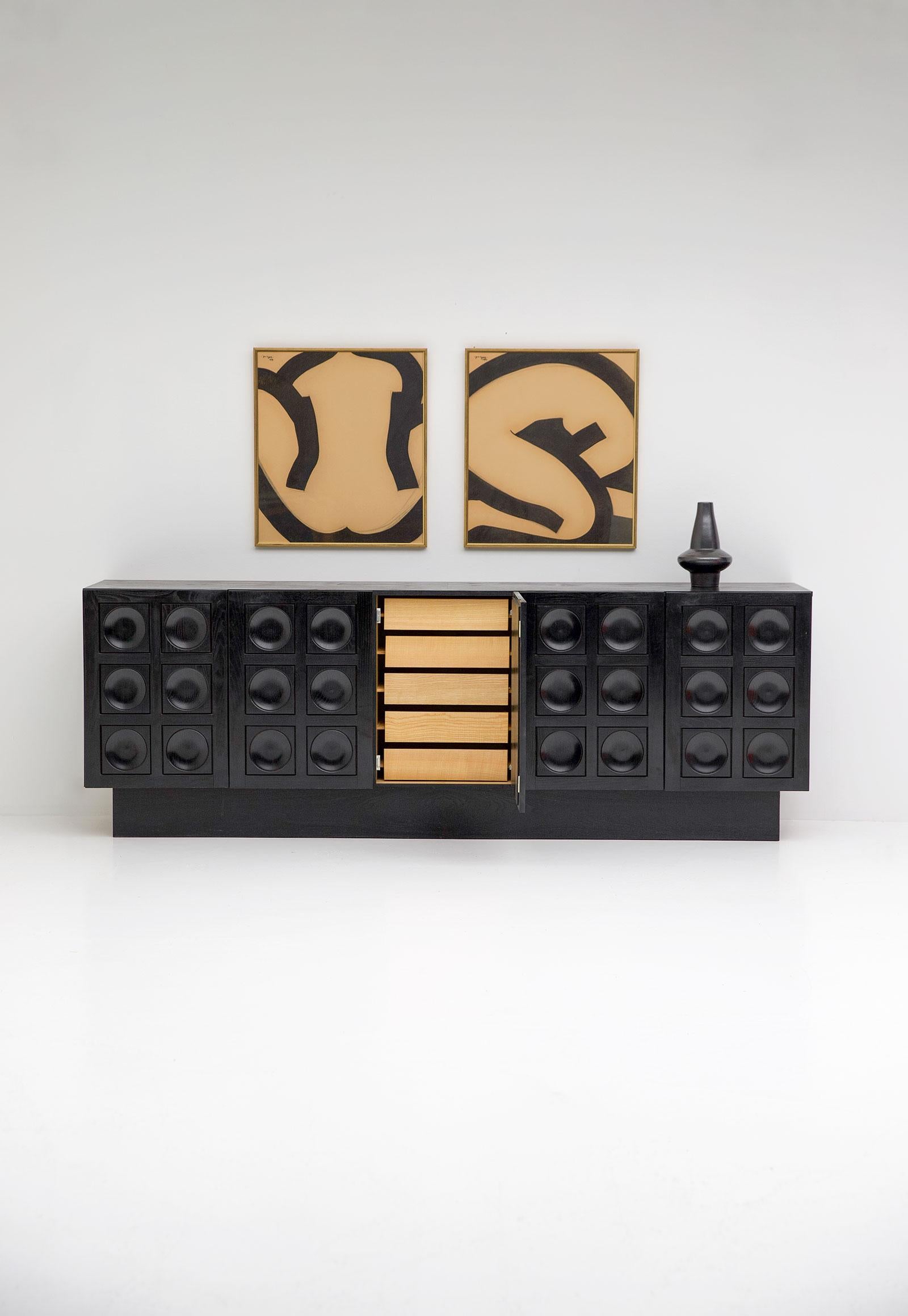 Late 20th Century Brutalist Credenza in Black Stained Oak