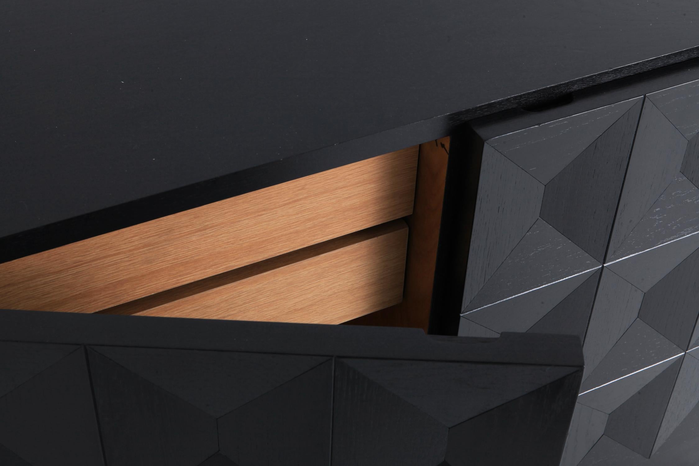 Brutalist Credenza in Stained Oak with Geometric Diamond Doors 6
