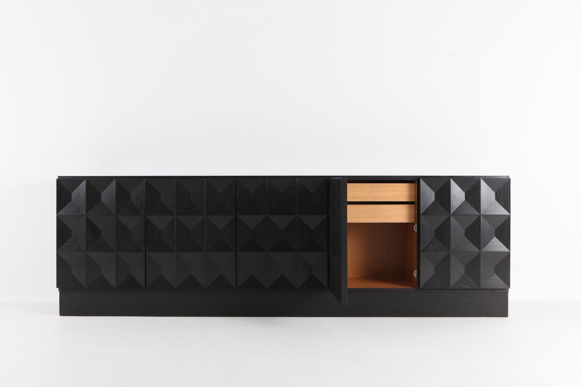 European Brutalist Credenza in Stained Oak with Geometric Diamond Doors