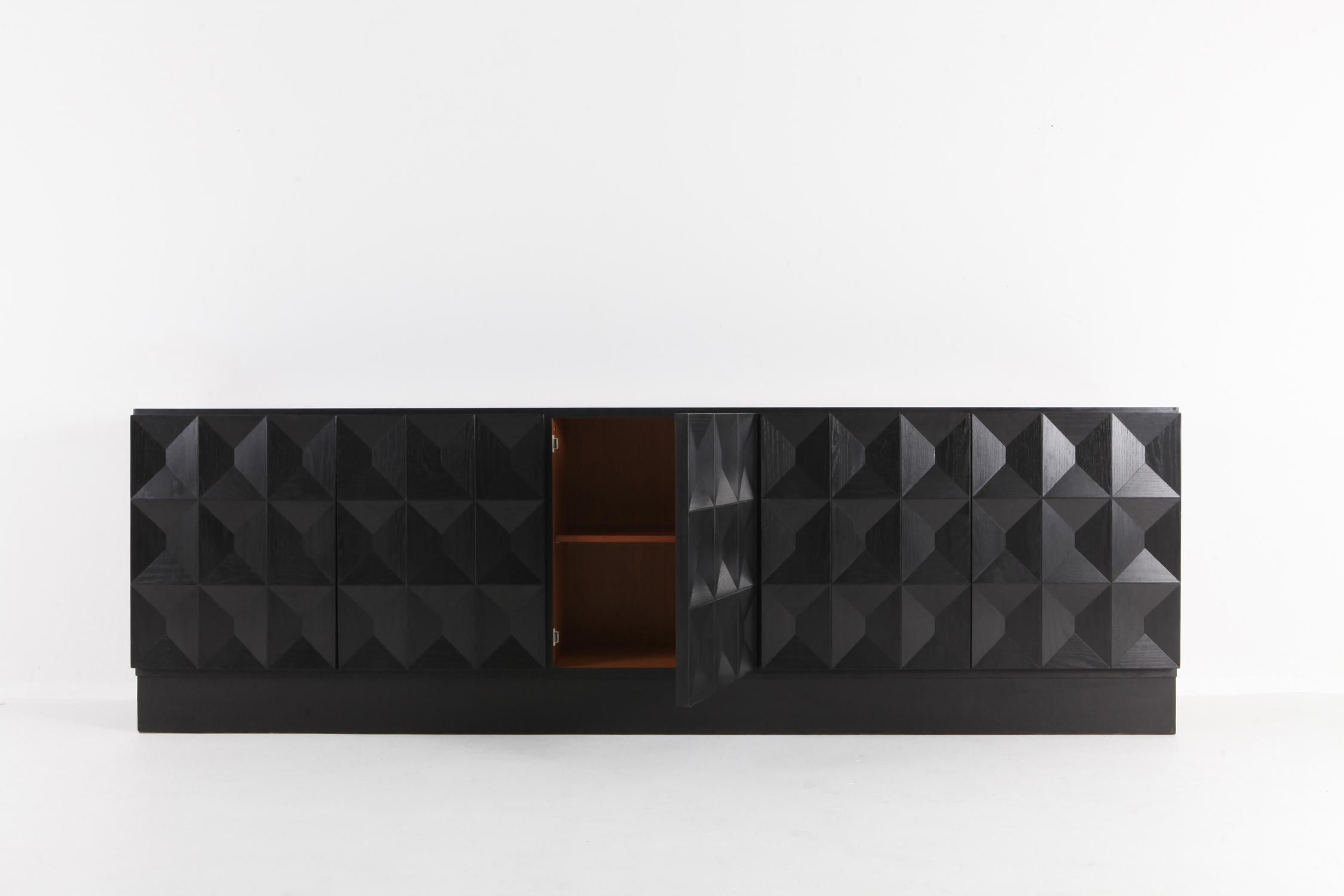 Brutalist Credenza in Stained Oak with Geometric Diamond Doors 1