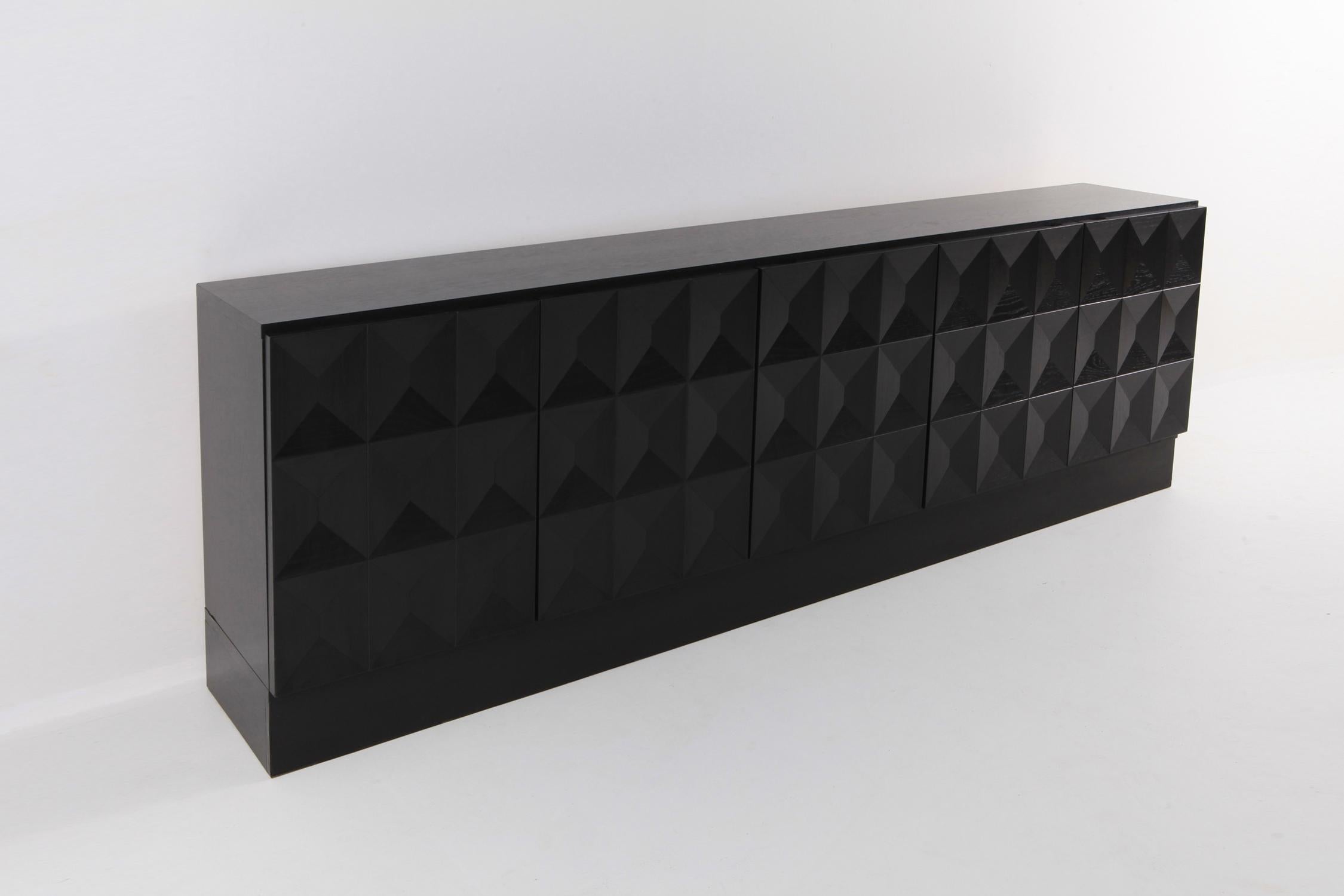 Brutalist Credenza in Stained Oak with Geometric Diamond Doors 3