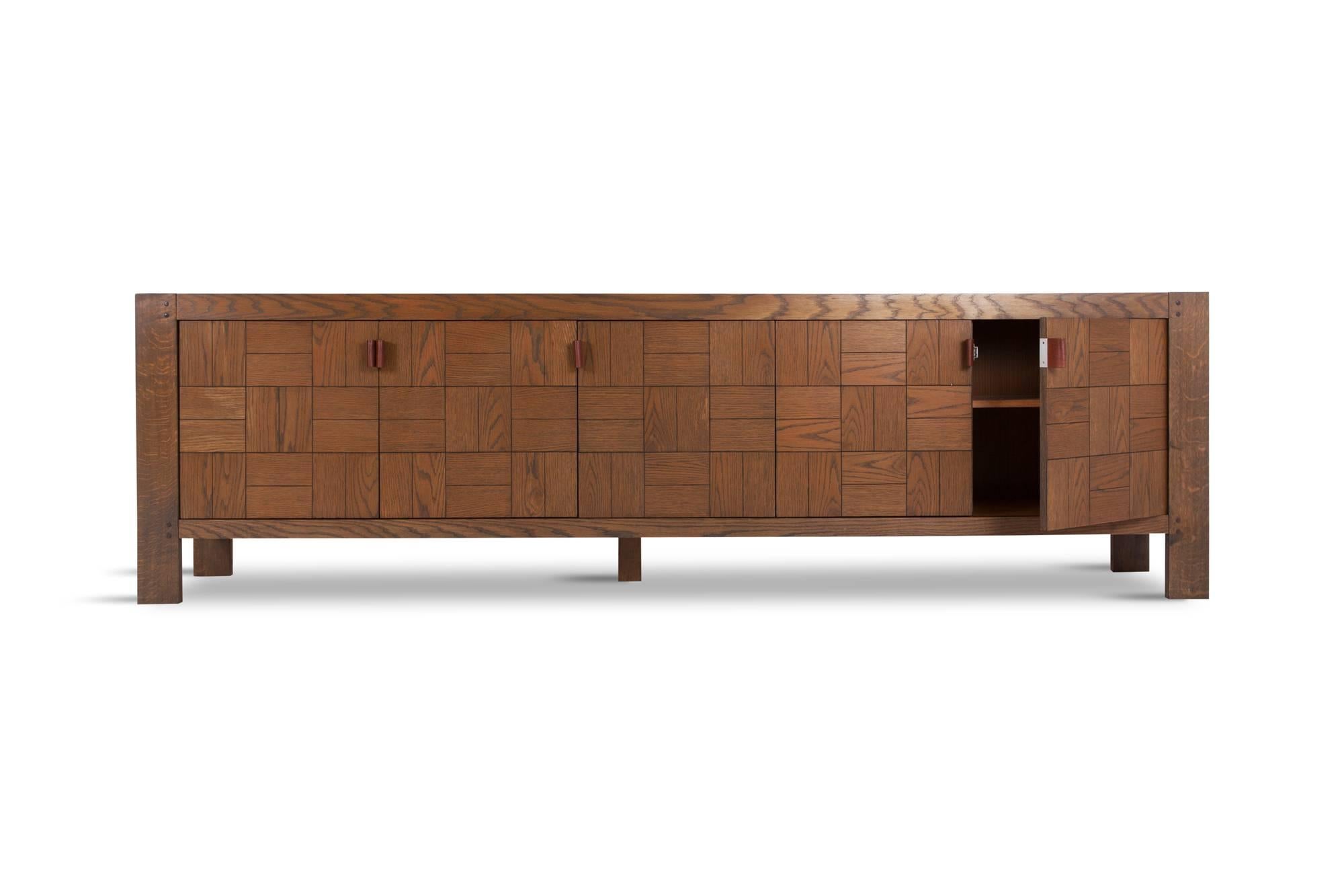 Mid-Century Modern Brutalist Credenza in Stained Oak with Leather Handles