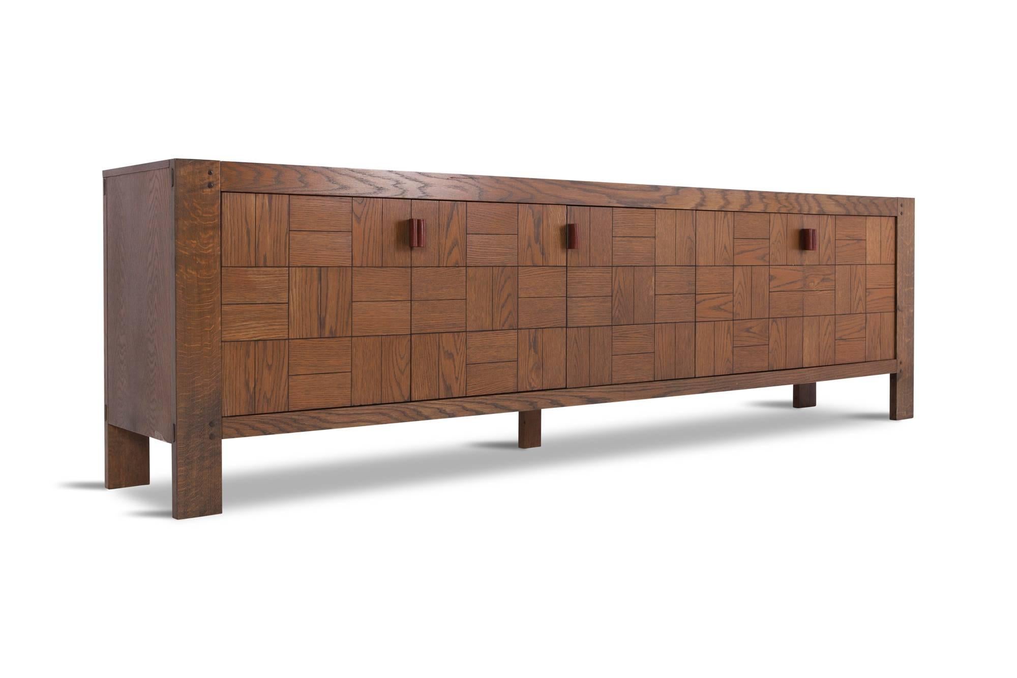 Belgian Brutalist Credenza in Stained Oak with Leather Handles