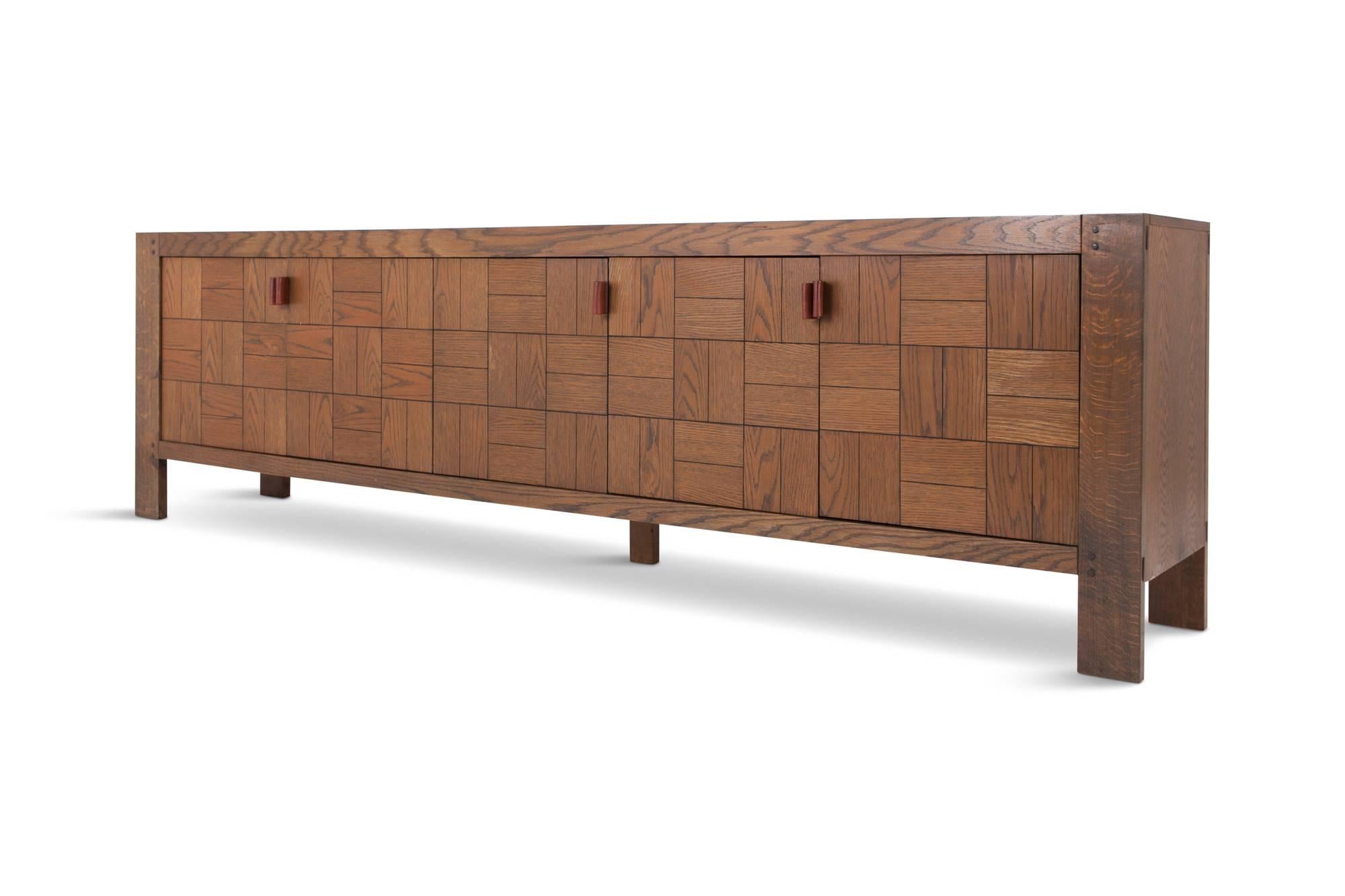 Late 20th Century Brutalist Credenza in Stained Oak with Leather Handles
