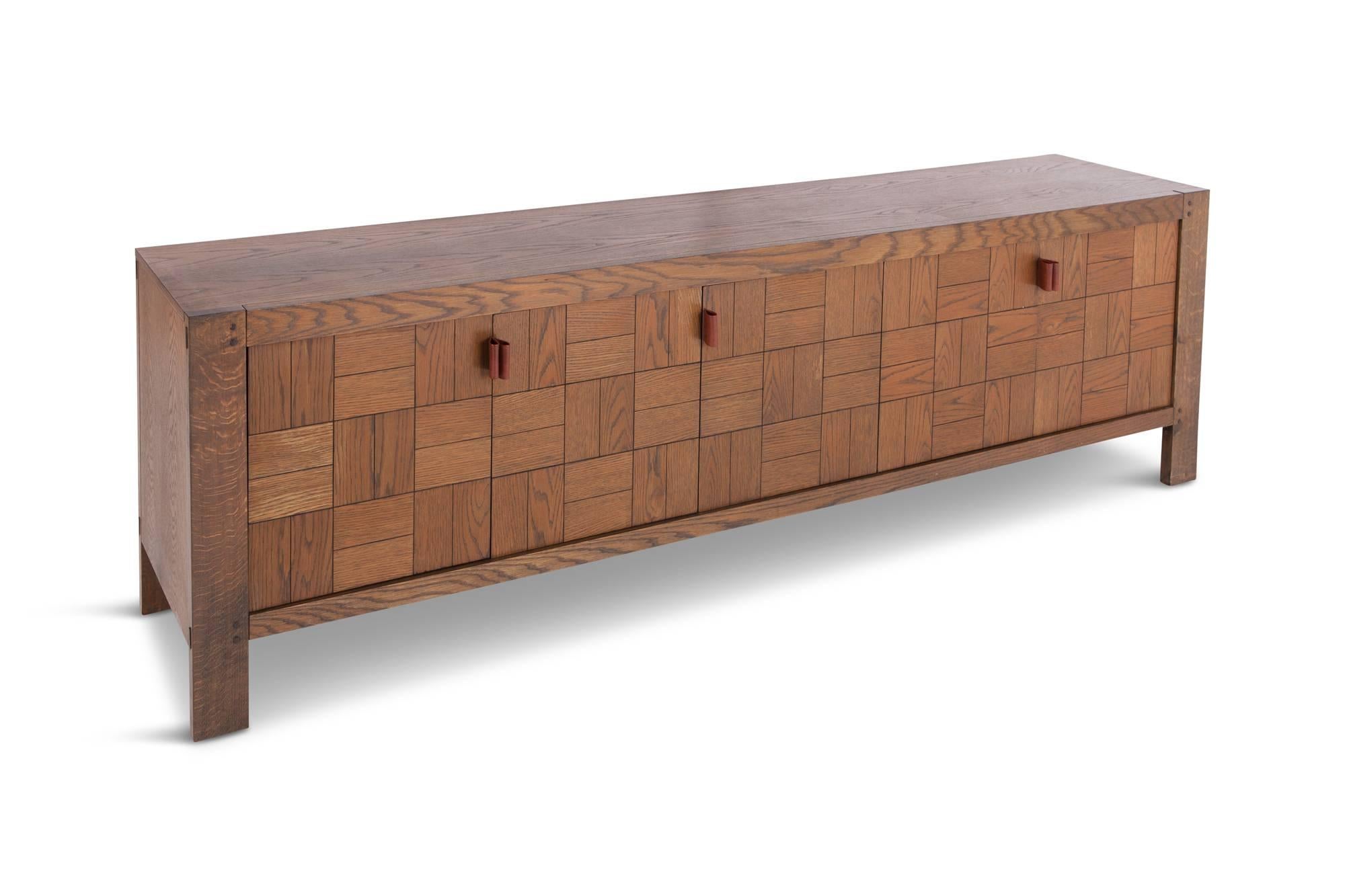 Brutalist Credenza in Stained Oak with Leather Handles 1
