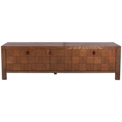 Brutalist Credenza in Stained Oak with Leather Handles