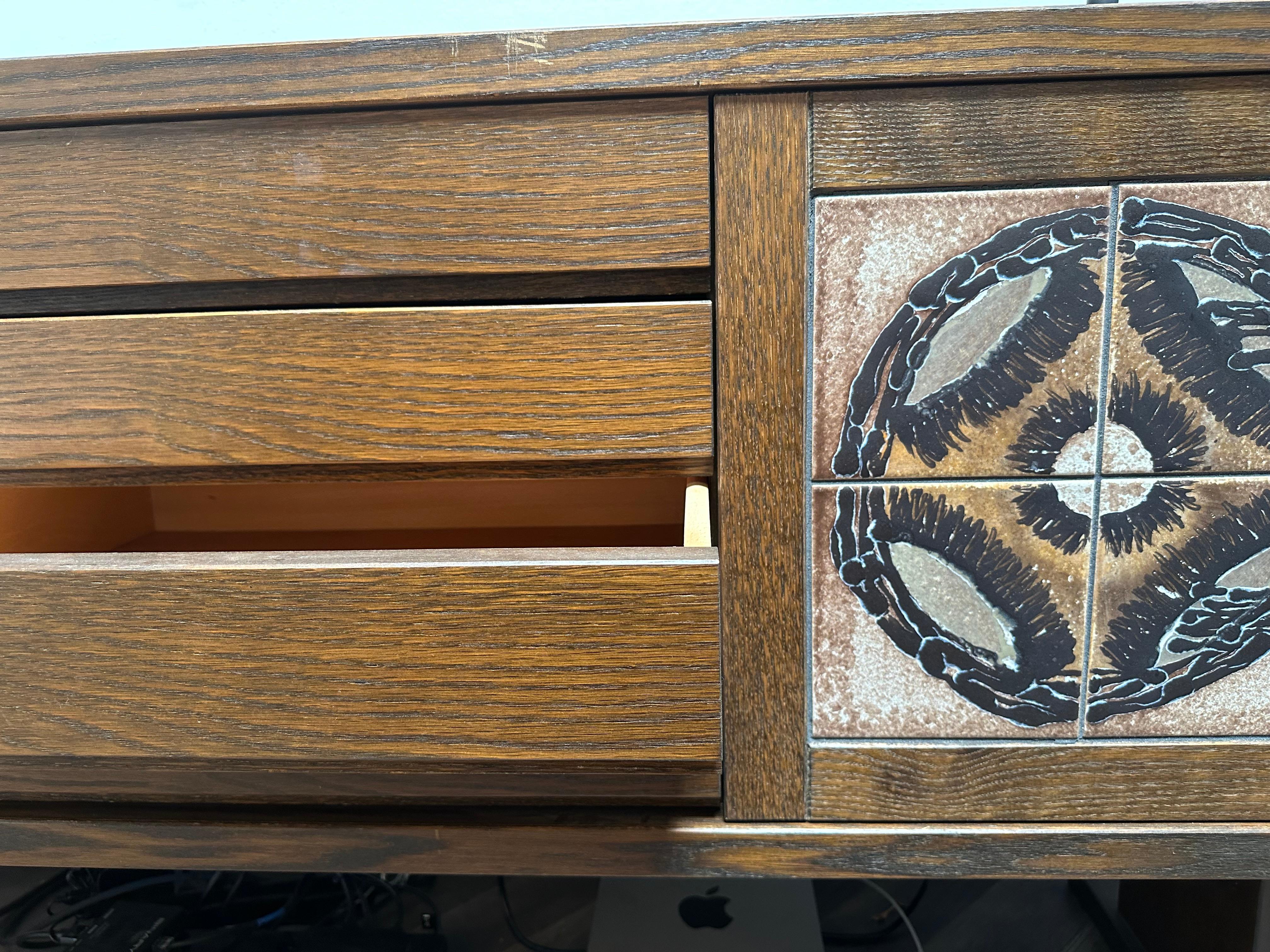 Walnut Brutalist Credenza With Ceramic Tile front For Sale