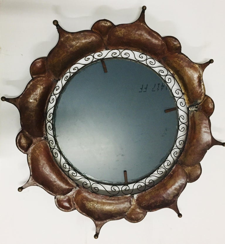 Brutalist Curtis Jere Style Handcrafted Round Outdoor Wall Mirror For Sale 1