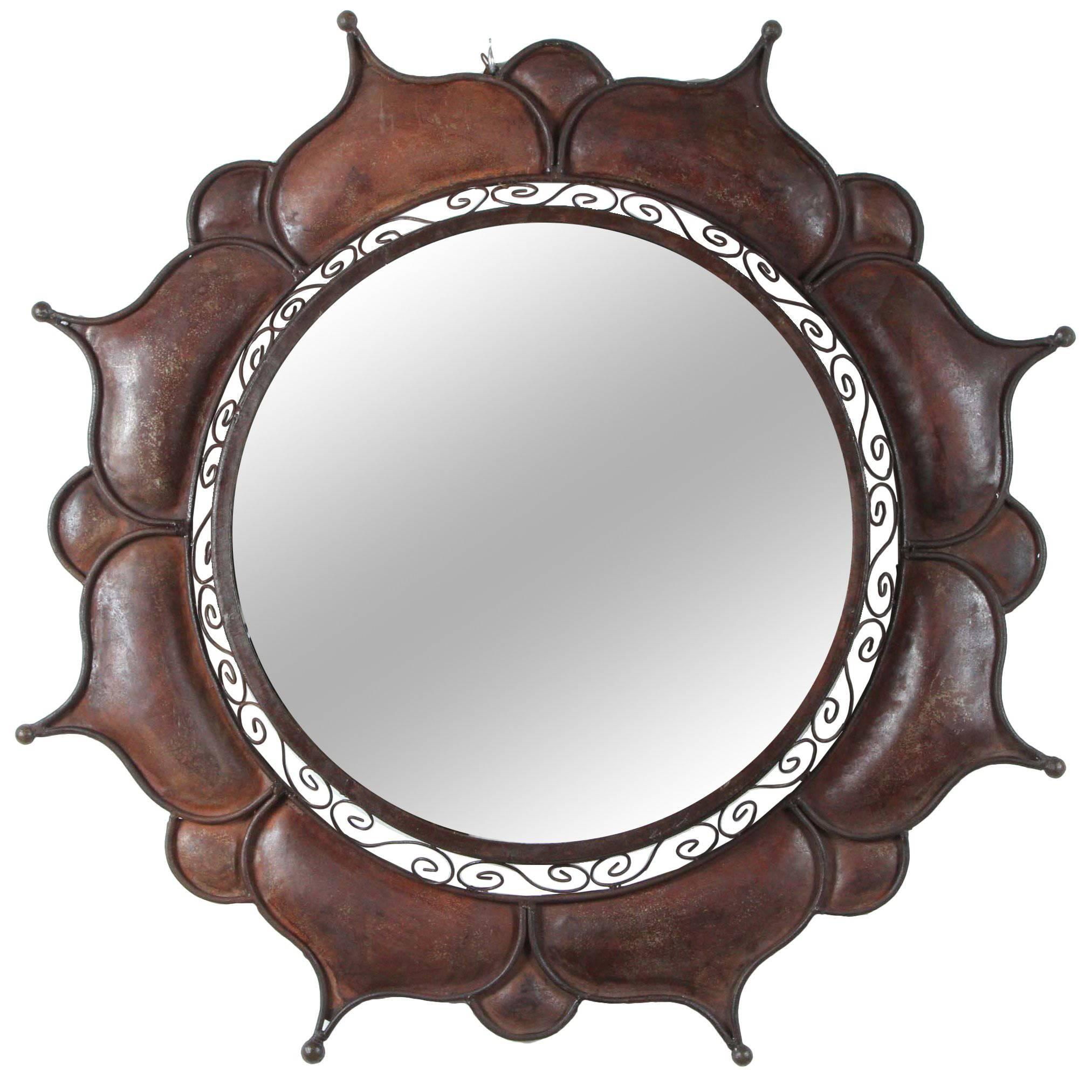 Brutalist Curtis Jere Style Handcrafted Round Outdoor Wall Mirror