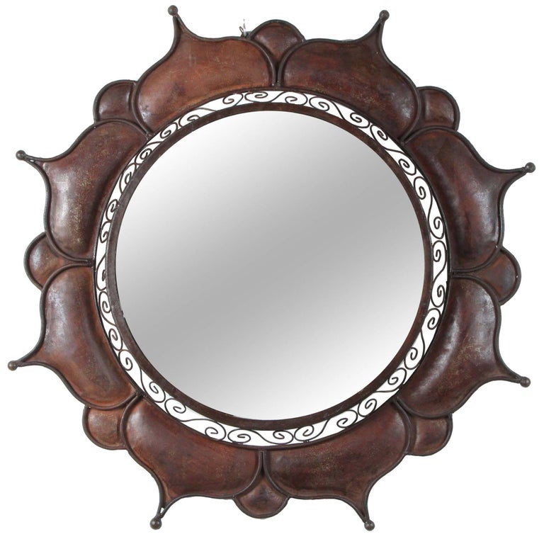 Brutalist Curtis Jere Style Handcrafted Round Outdoor Wall Mirror For Sale